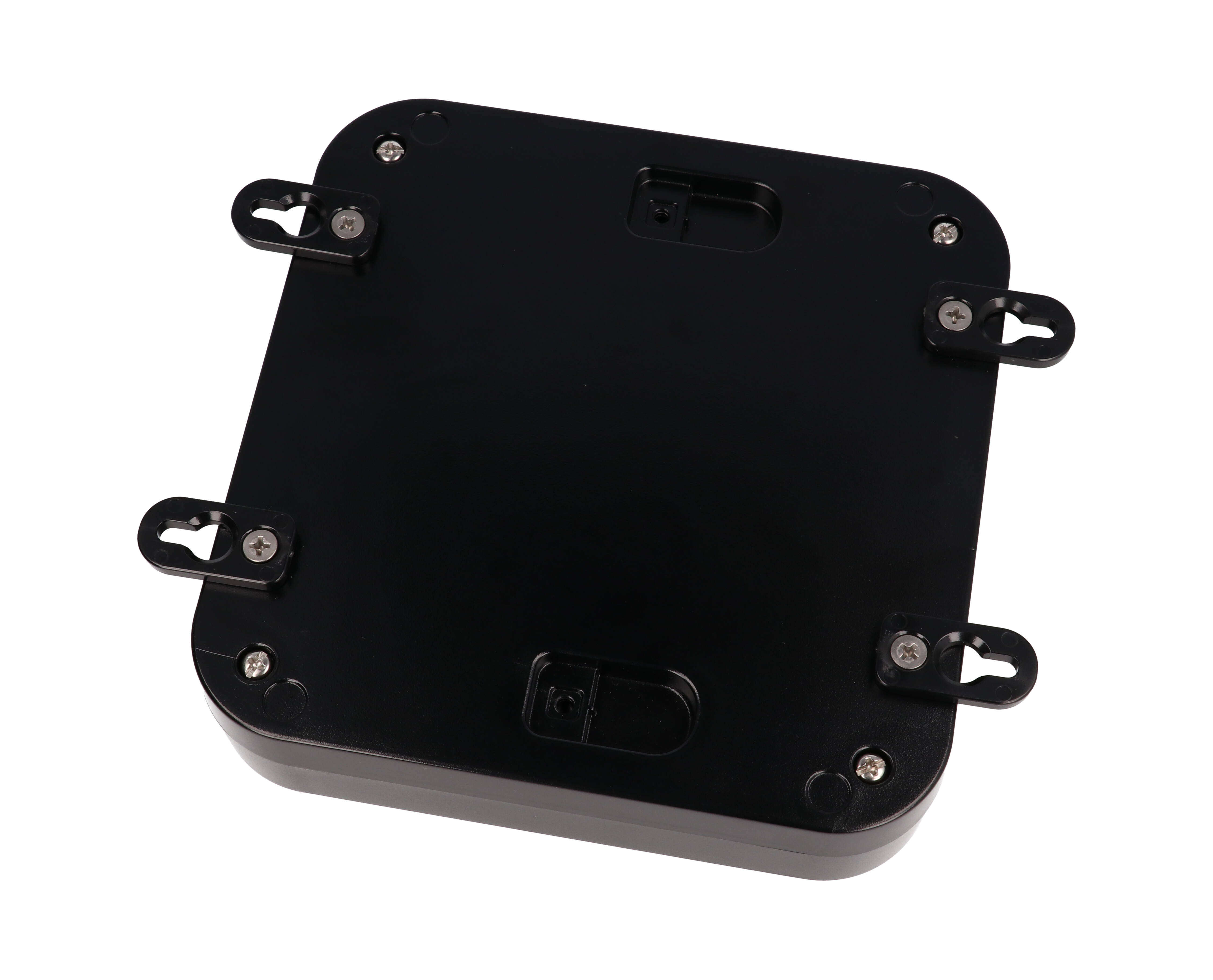 1557F2BK black polycarbonate watertight enclosure, 160 x 160 x 45 mm, with rounded corners and screw-down lid