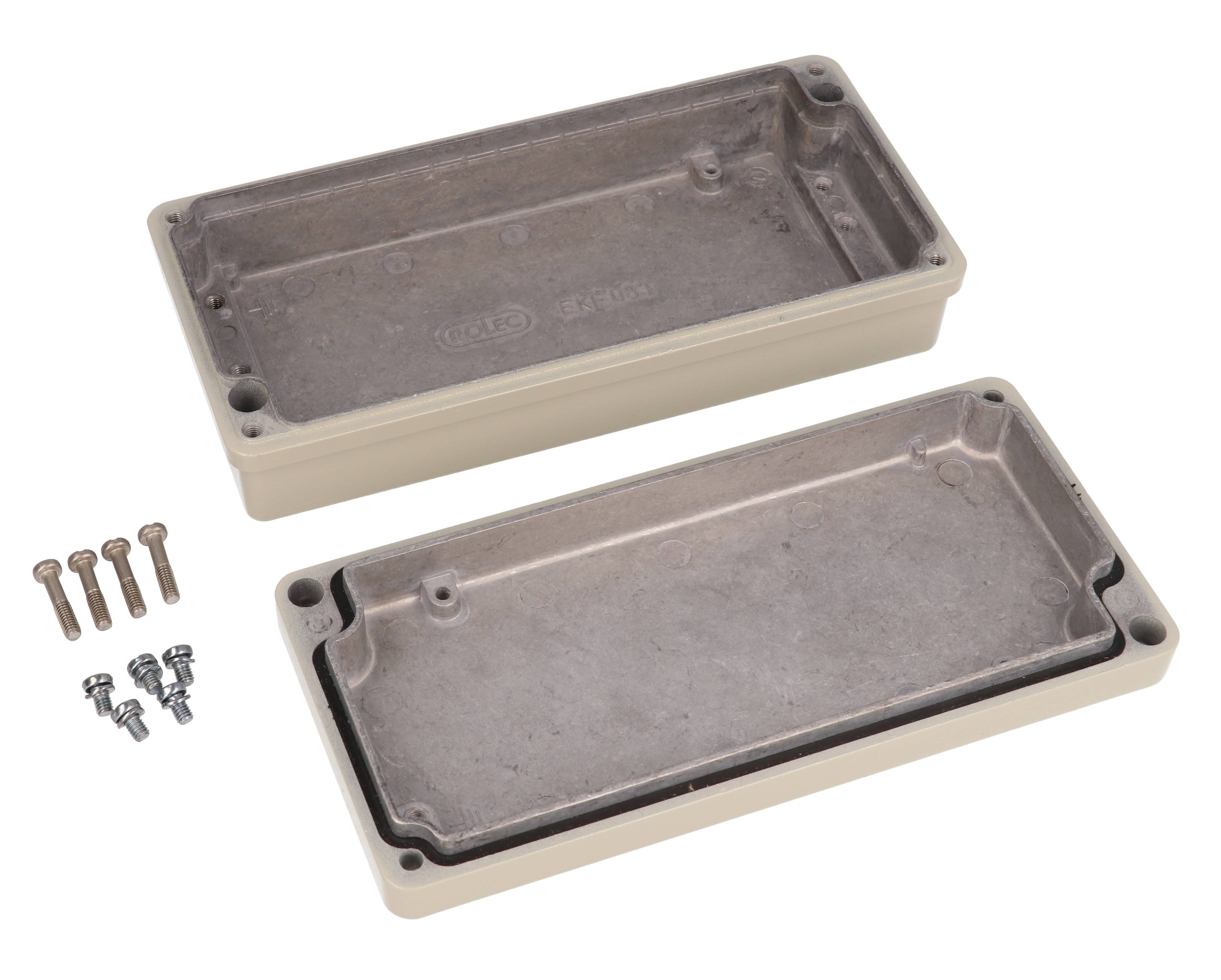 R111-083-000 beige EMI/RFI shielded diecast aluminum enclosure, 84 x 179 mm, 44 mm deep with lid