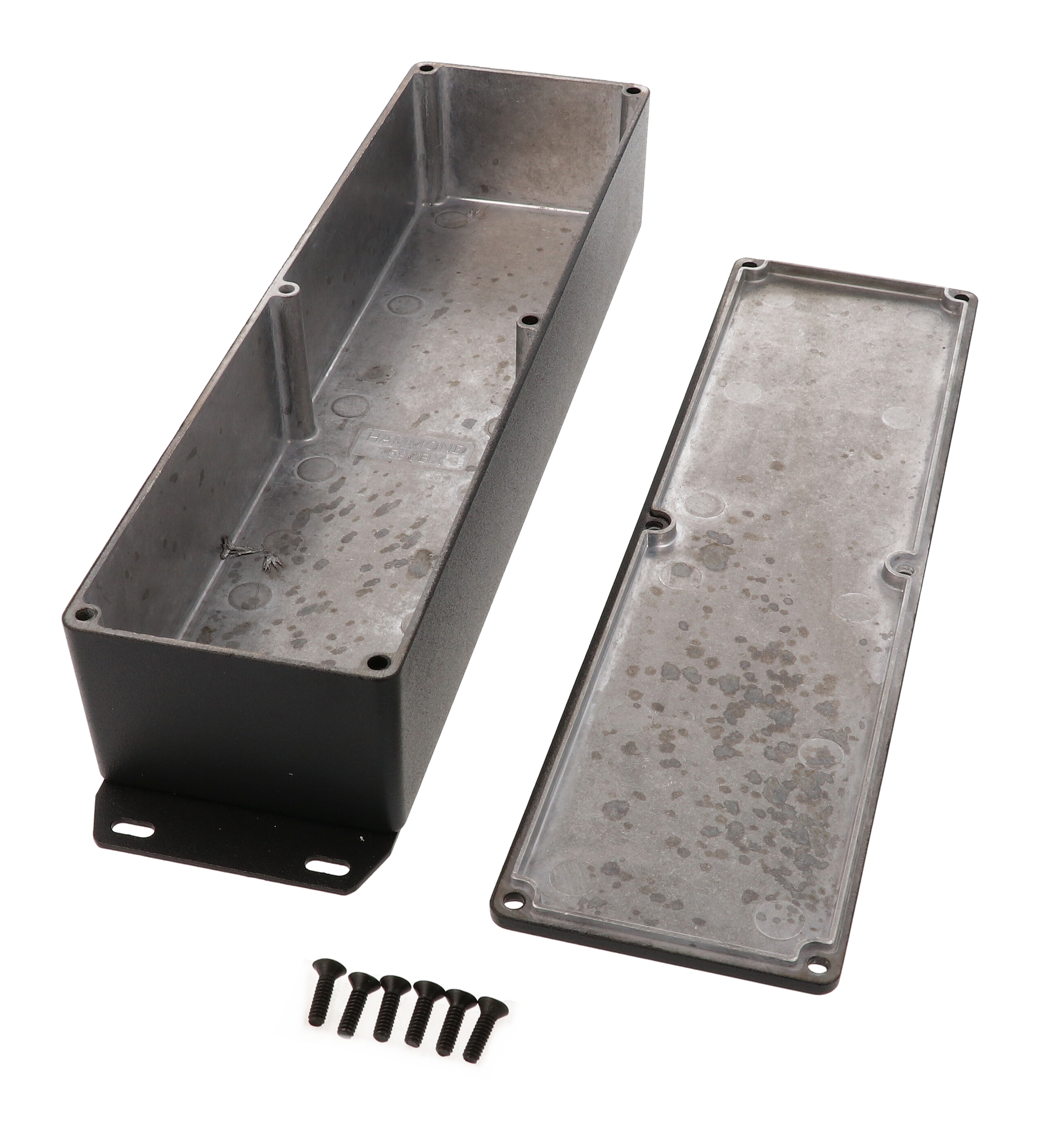 1590BXFBK textured black diecast aluminum enclosure with flanged bottom plate, 254 x 70 x 50 mm