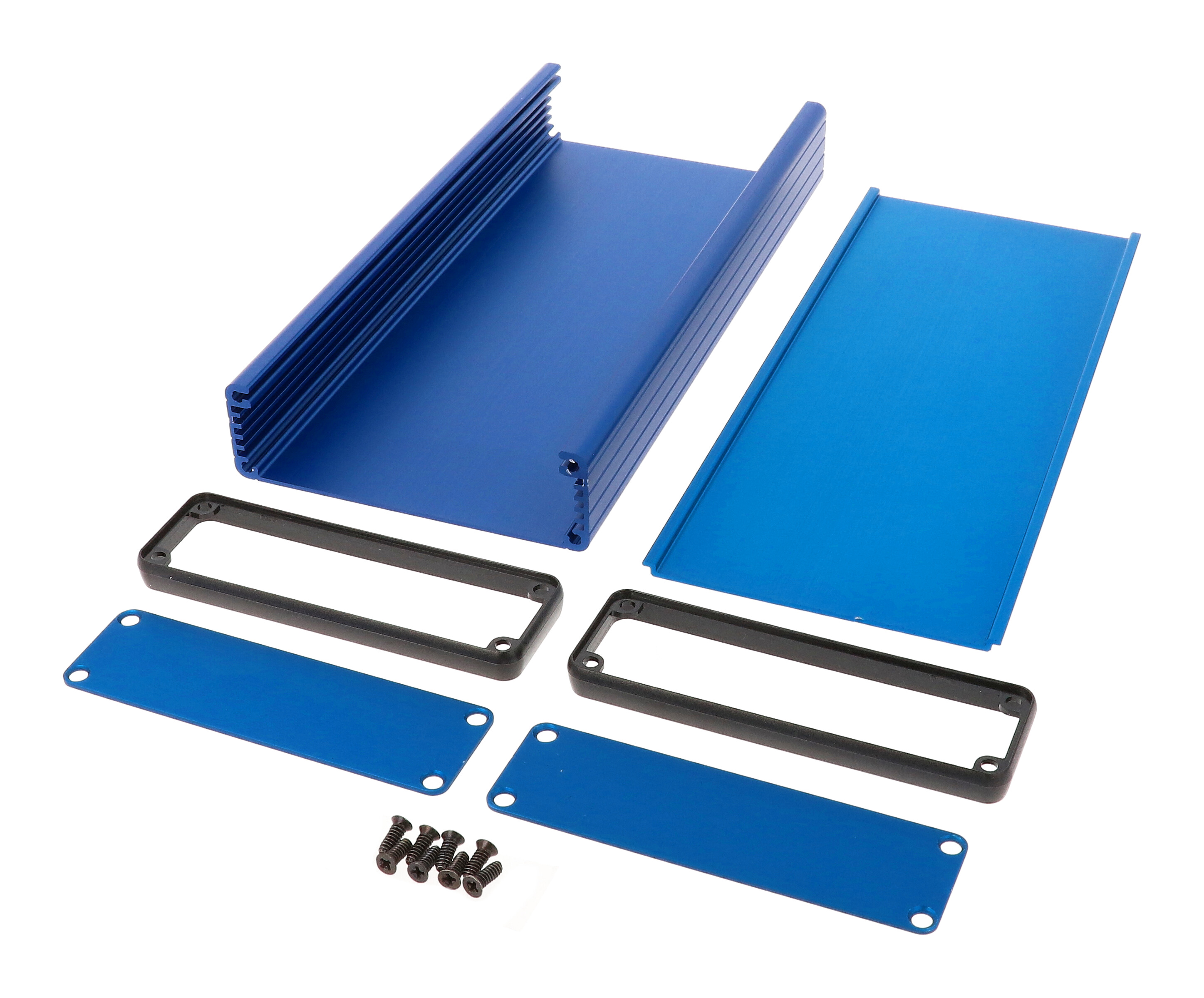 1455L2201BU blue anodized extruded aluminum PC board enclosure, 220 x 103 x 30.5 mm, with aluminum end panels and black bezels
