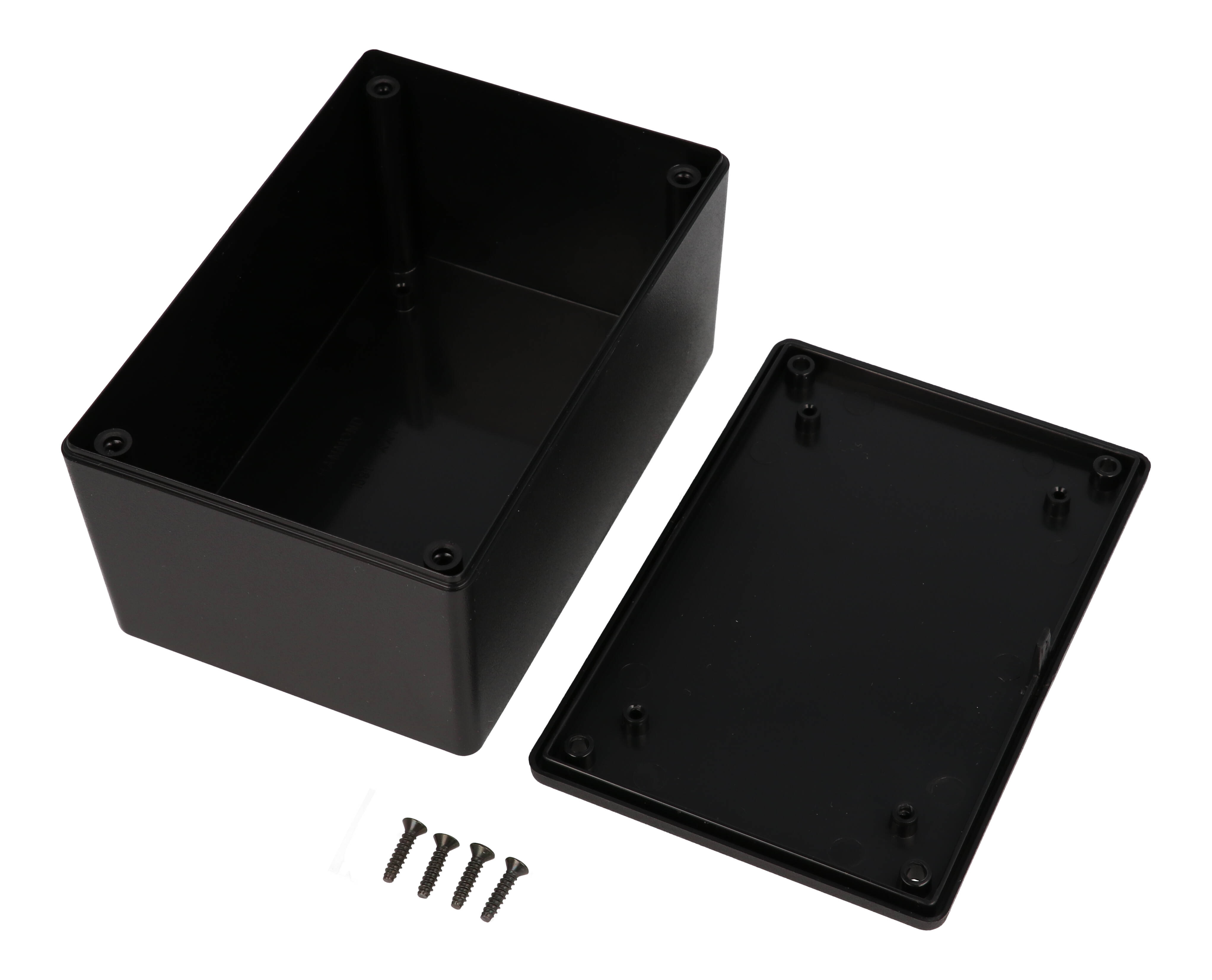 1591XXTSBK black ABS plastic enclosure with PC board standoffs, 123 x 83 x 59 mm
