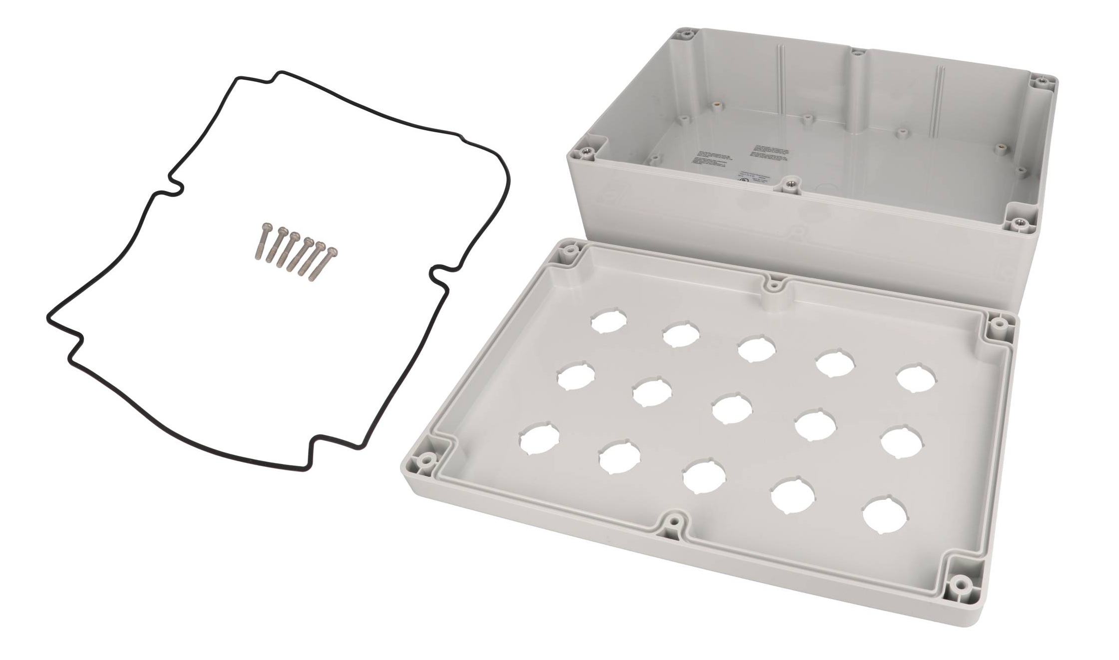 1554MPB15 light gray polycarbonate enclosure with 15 pushbutton holes for 22.5 mm devices