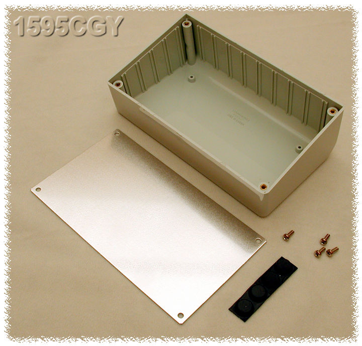1595EGY light gray sloped plastic console enclosure with recessed aluminum front panel, 215 x 130 mm