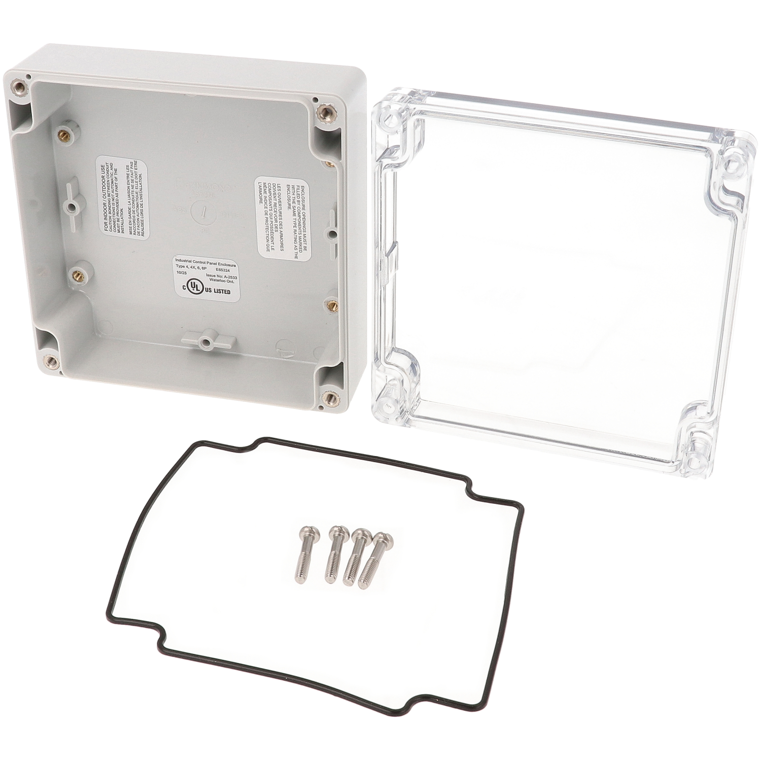 1554NL2GYCL low-profile gray polycarbonate enclosure with clear lid, 120 x 120 x 45 mm