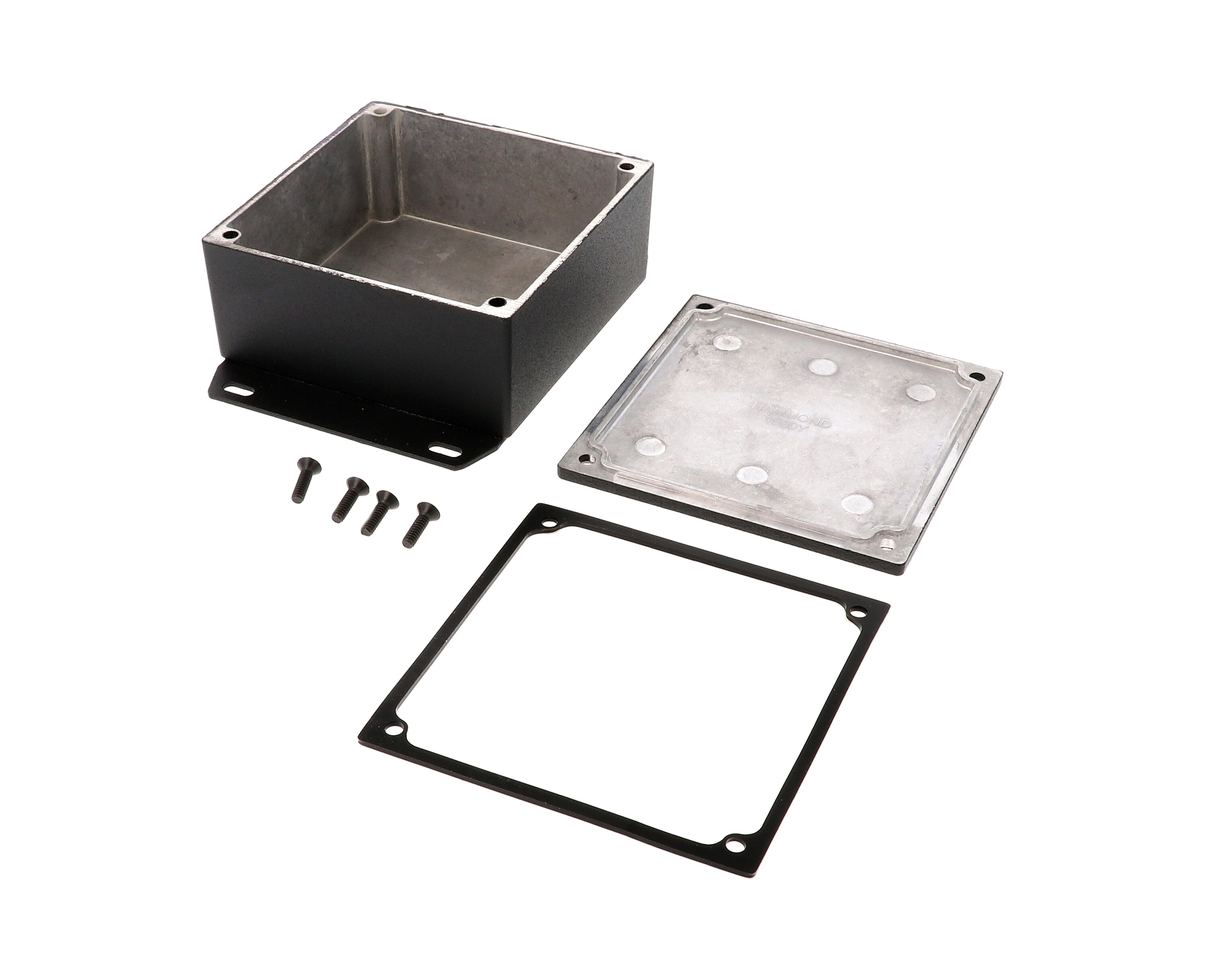 1590WYFBK black textured watertight diecast aluminum enclosure with welded bottom mounting flange