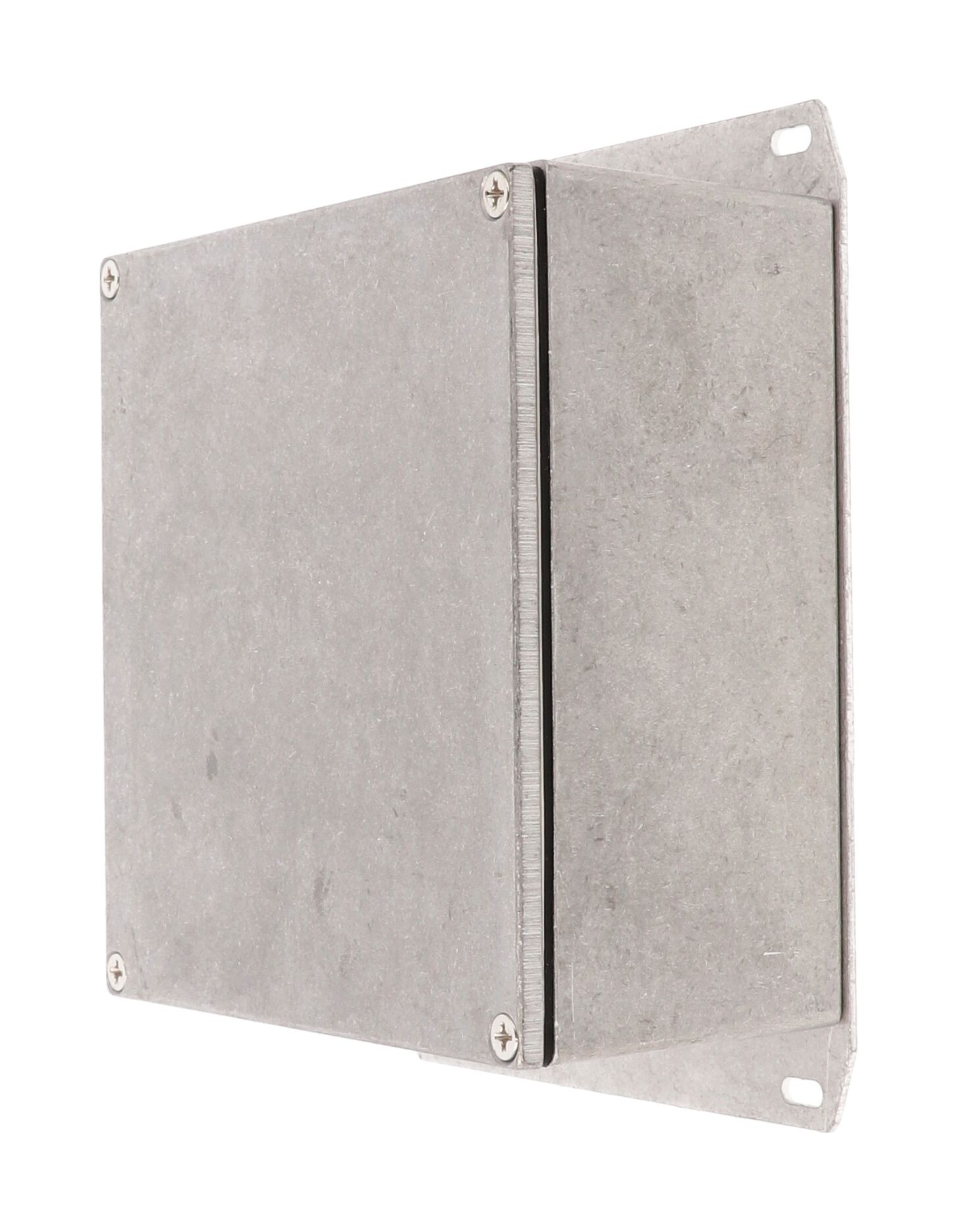 1590WKKF natural aluminum IP65 watertight diecast enclosure, 125 x 125 x 57 mm, with flanged bottom plate