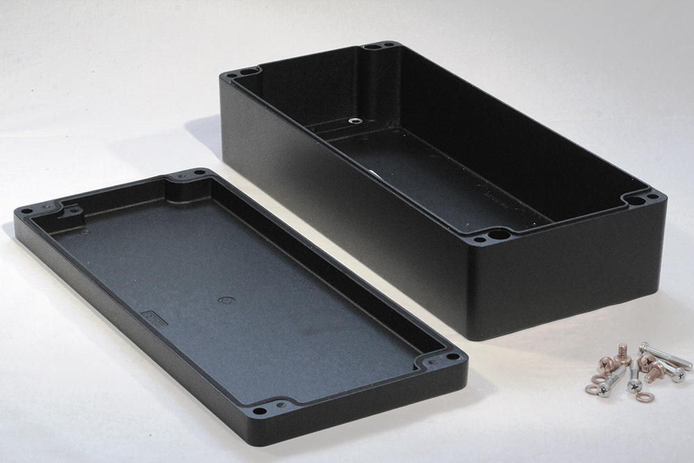 1590Z166BK textured black diecast aluminum enclosure, 360 x 160 x 90 mm