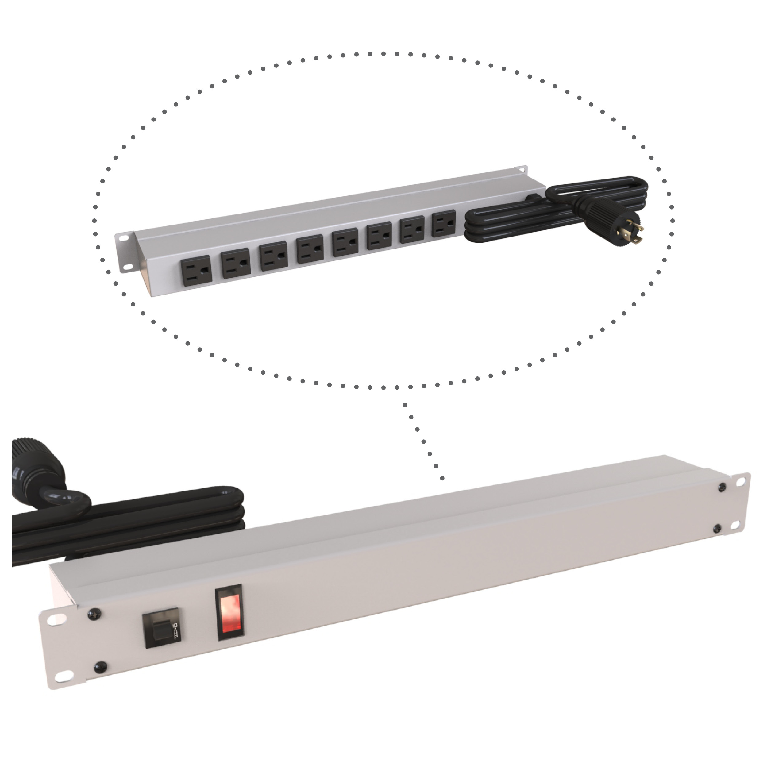 1583T8C1 — 19-inch Rack Mount Outlet Strip, 15A, 8 Outlets, 6 ft cord, Gray view 2