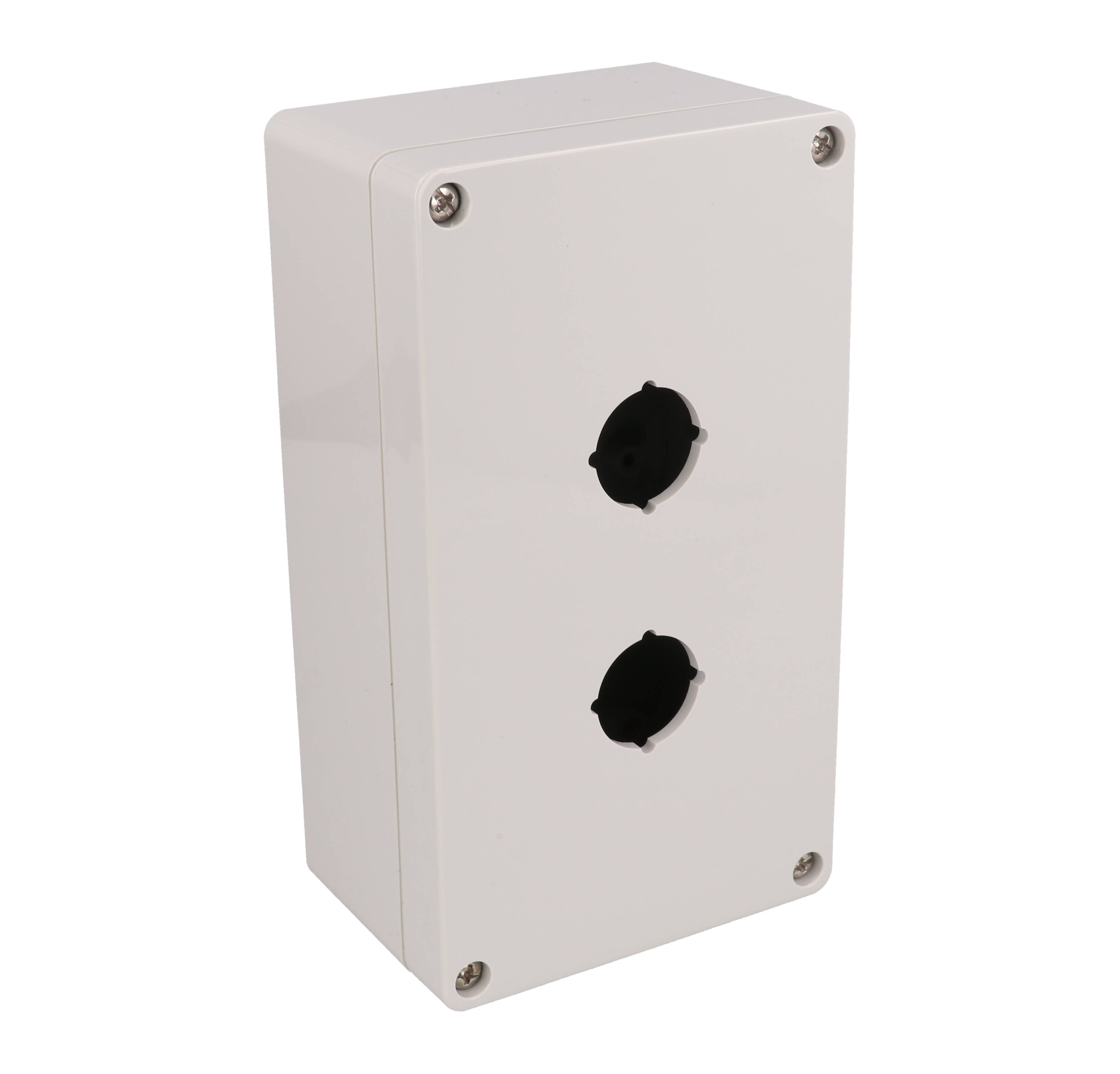 1554MPB2 light gray polycarbonate enclosure with two 22.5 mm pushbutton holes