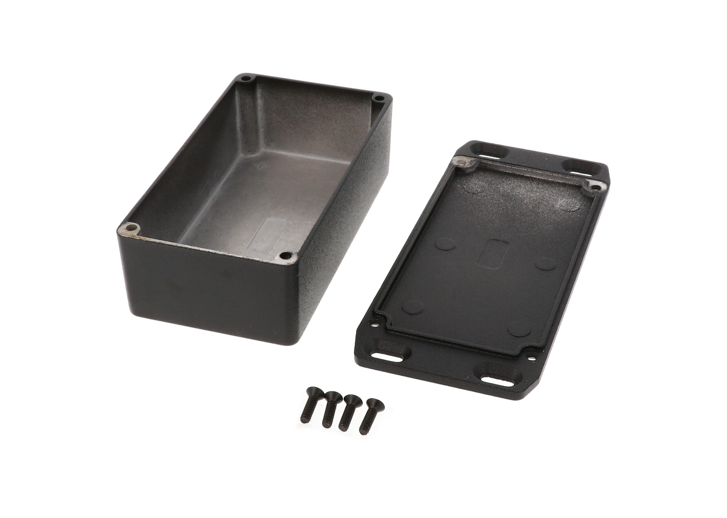 1590N1FLBK black textured 121 x 66 x 40 mm diecast aluminum enclosure with wall-mounting flanged lid
