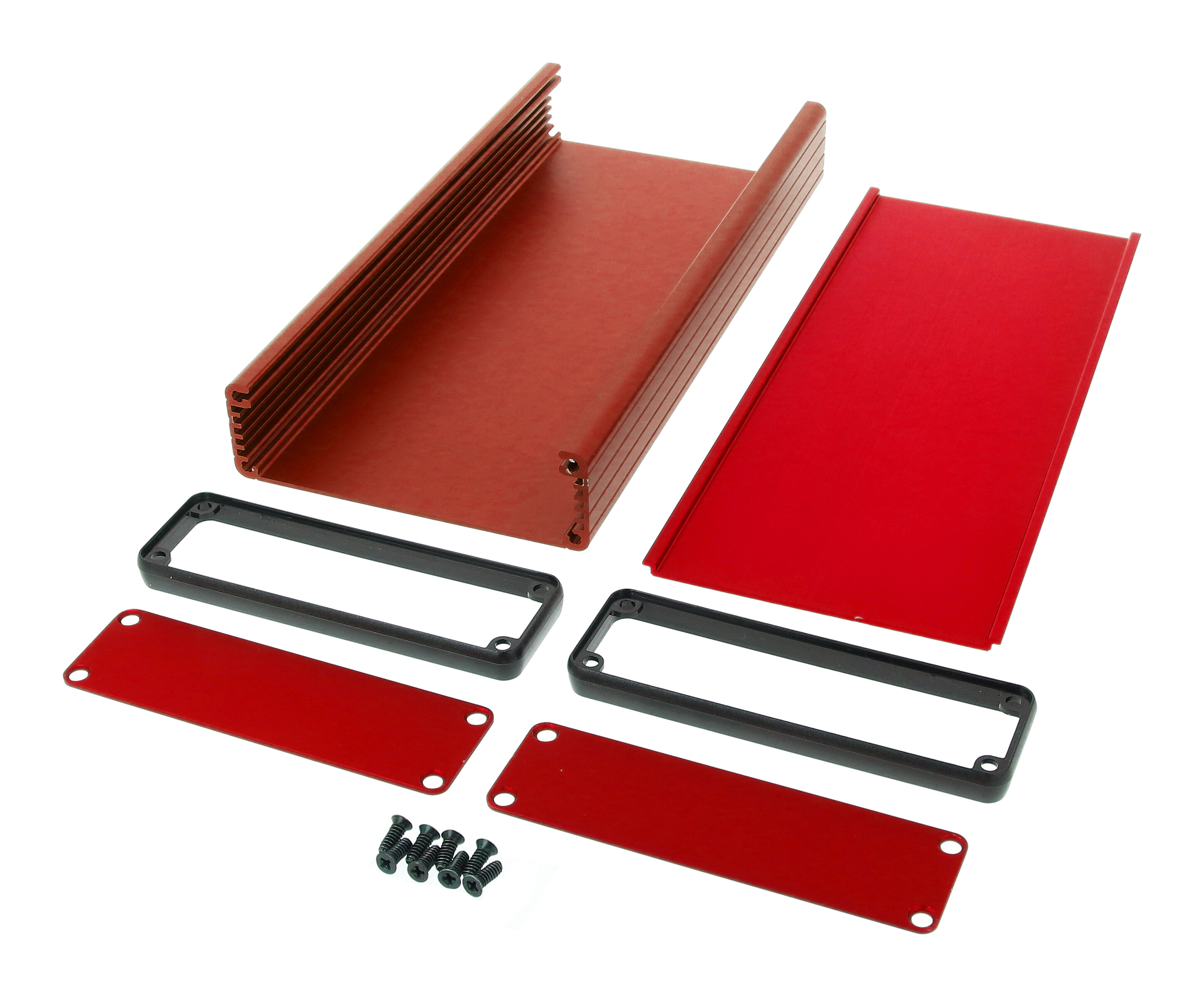 1455L2201RD red anodized extruded aluminum PC board enclosure, 220 x 103 x 30.5 mm, with aluminum end panels and black bezels