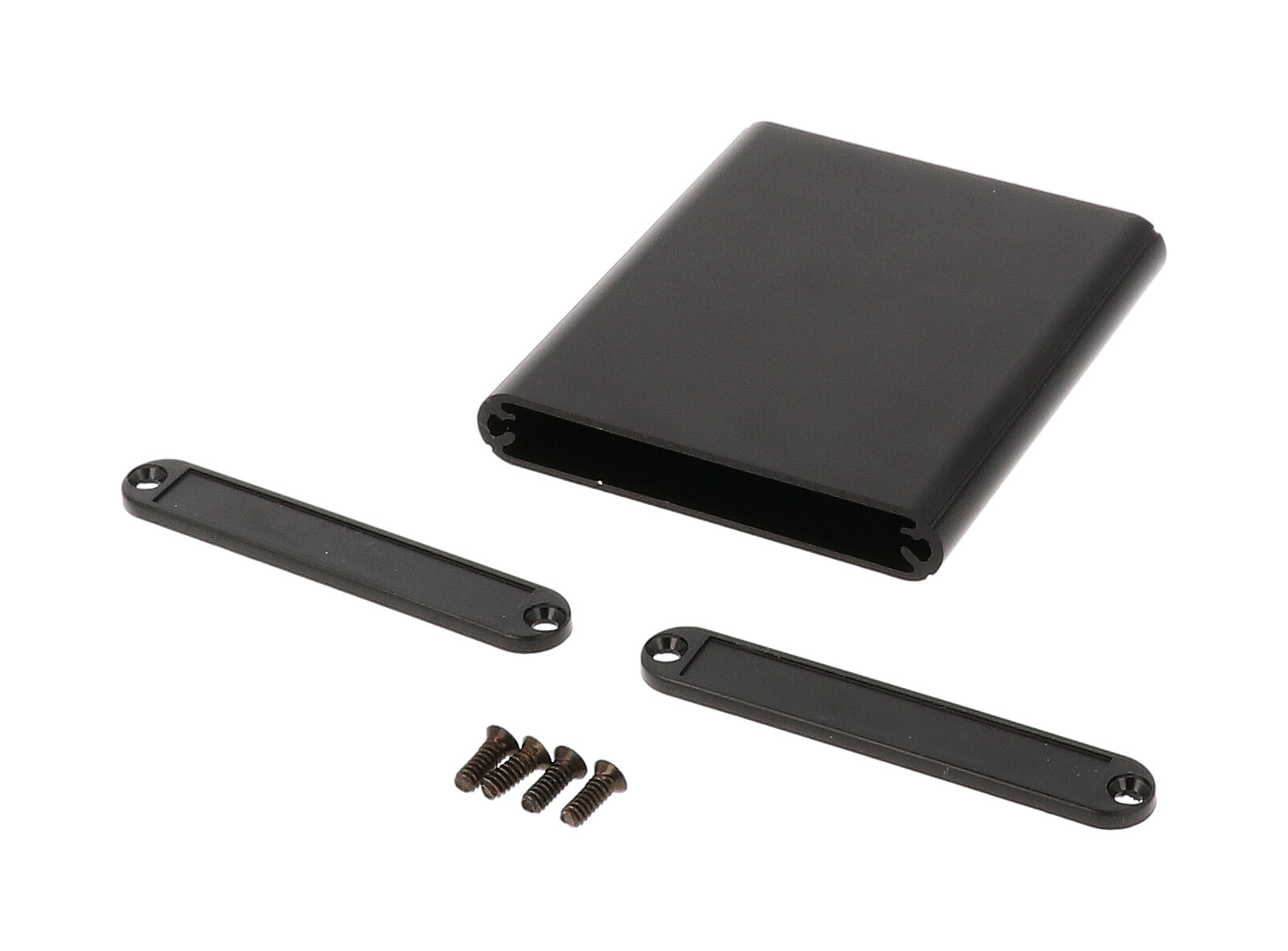 1455A802BK black anodized extruded aluminum PC board enclosure, 80 x 70 x 12 mm, with black plastic end panels
