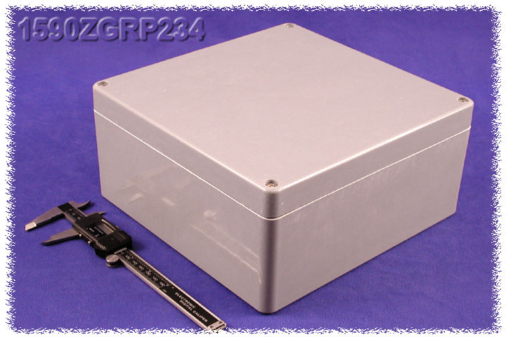 1590ZGRP234 gray fiberglass enclosure 255 x 250 x 120 mm with gasketed four-screw lid