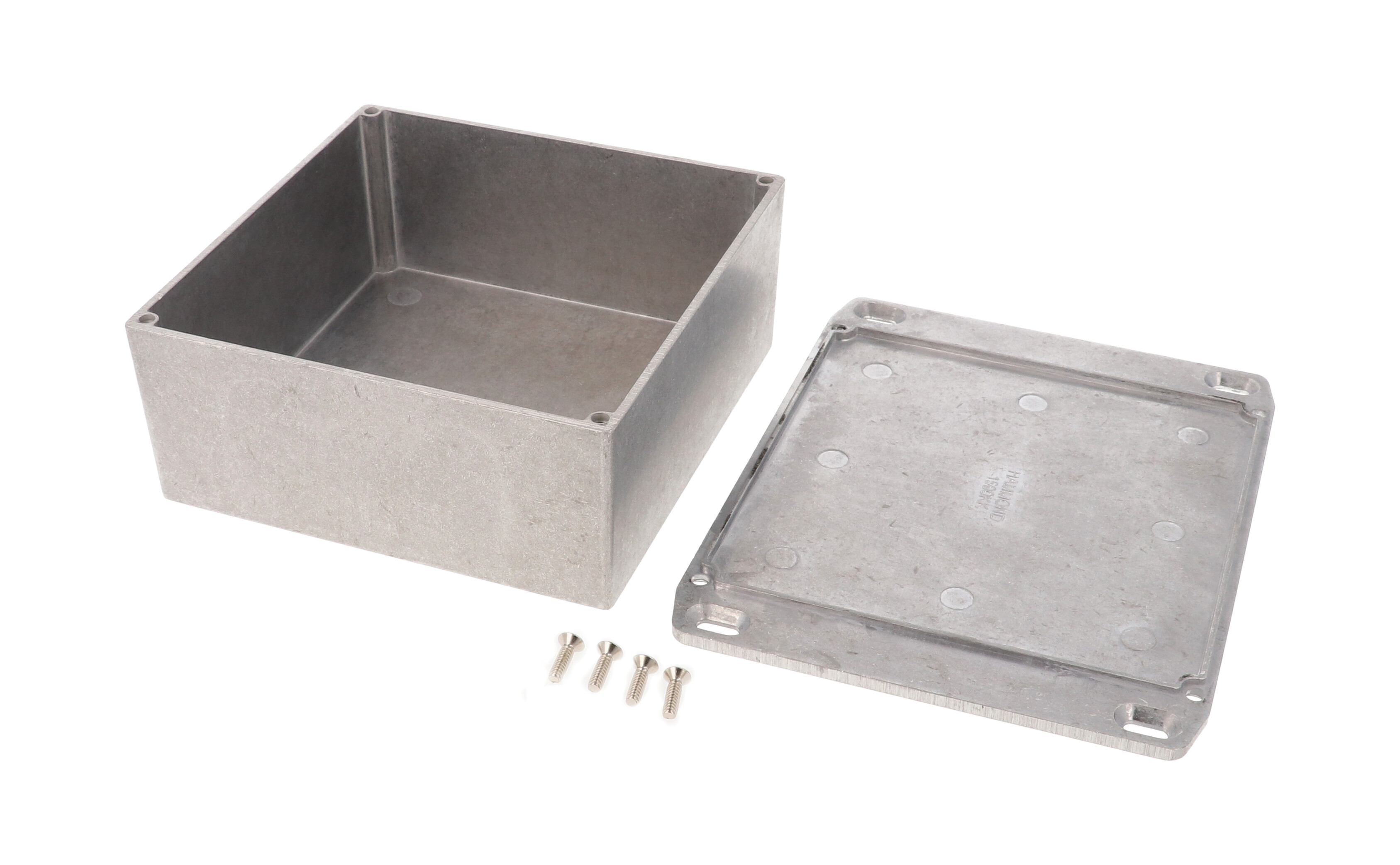 1590KKFL natural diecast aluminum enclosure with wall-mounting flanged lid, 125 x 125 x 57 mm