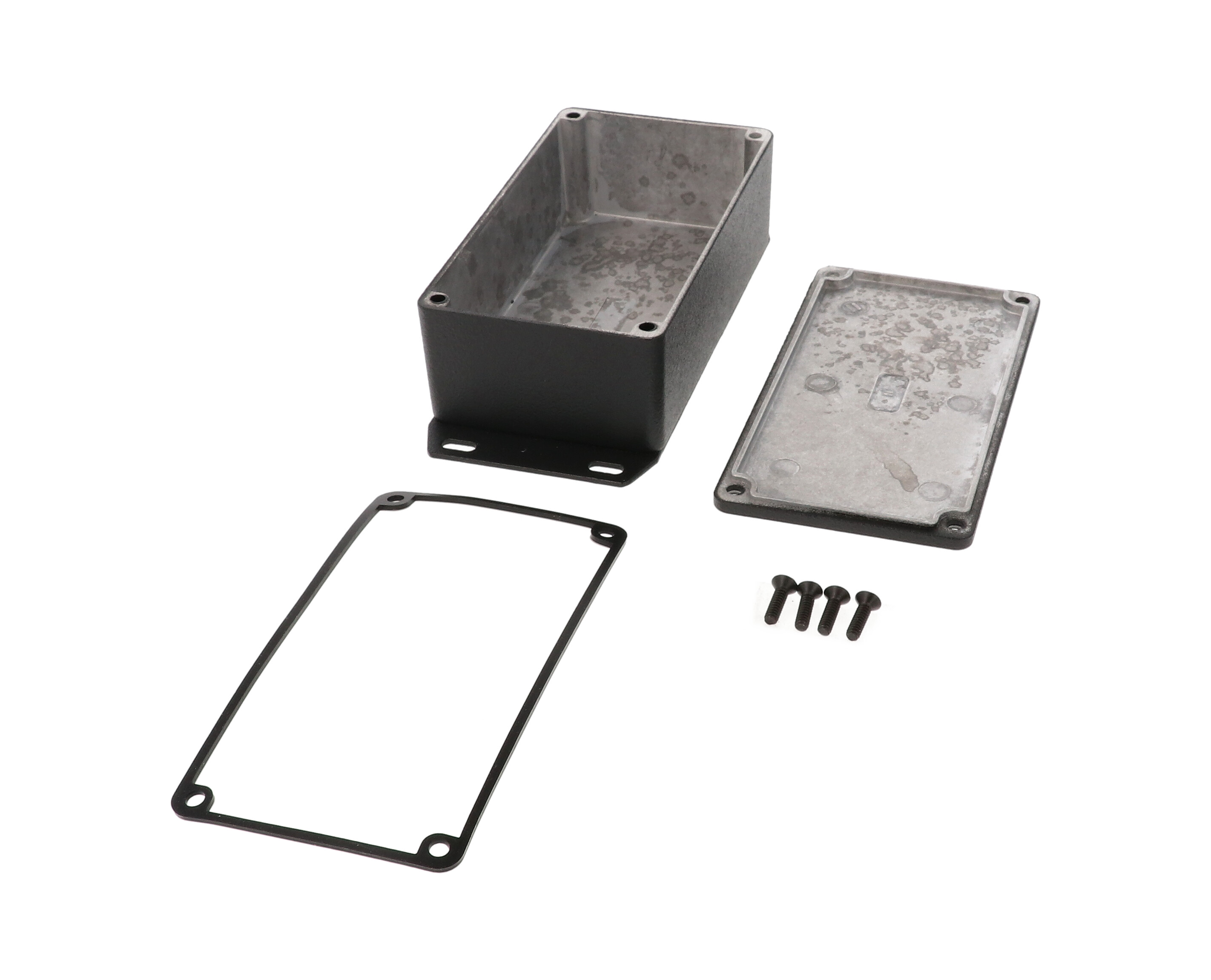 1590WN1FBK textured black watertight diecast enclosure, 121 mm x 66 mm x 40 mm, with flanged bottom plate