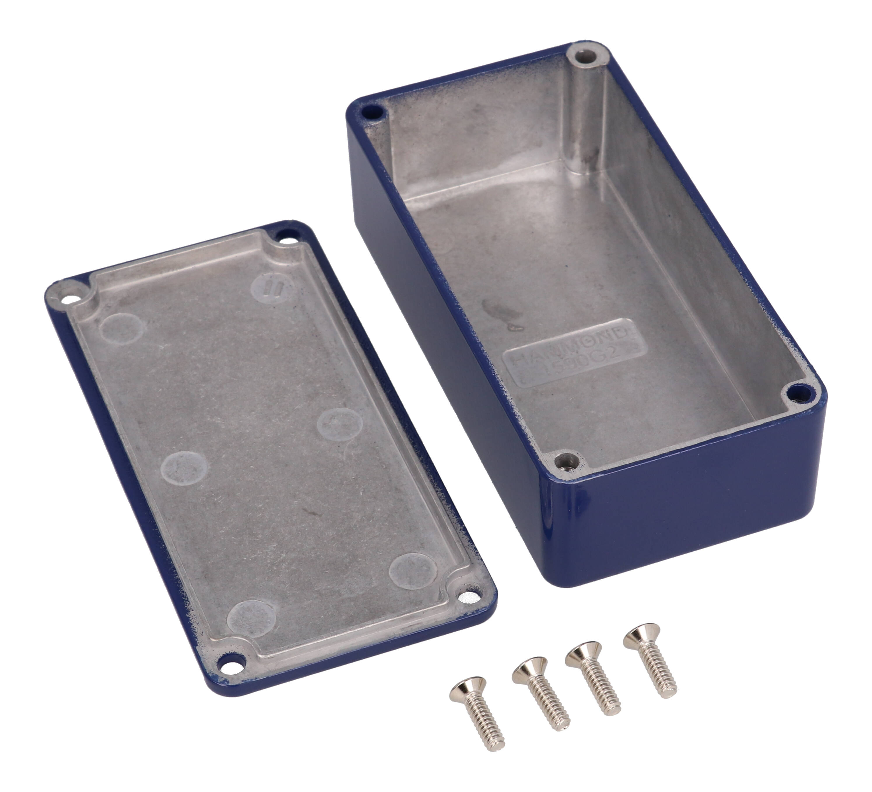 1590G2CB cobalt blue painted diecast aluminum rectangular stomp box enclosure with lid and cover screws