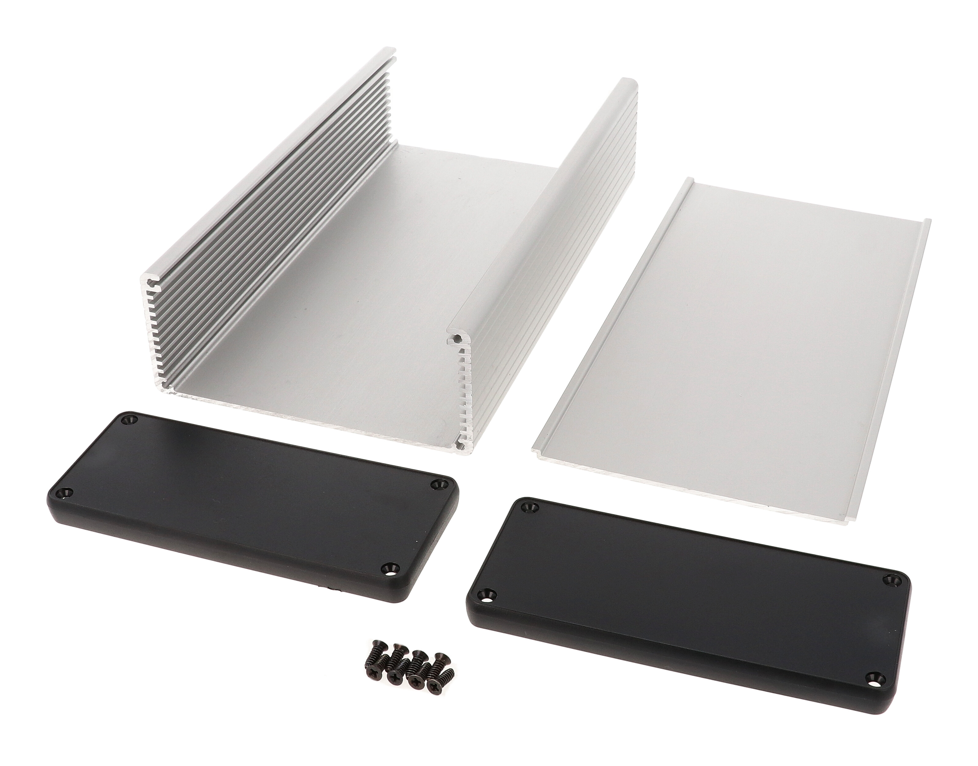 1455Q2202 clear anodized extruded aluminum PC board enclosure 220 x 125 x 51.5 mm with black closed plastic end panels