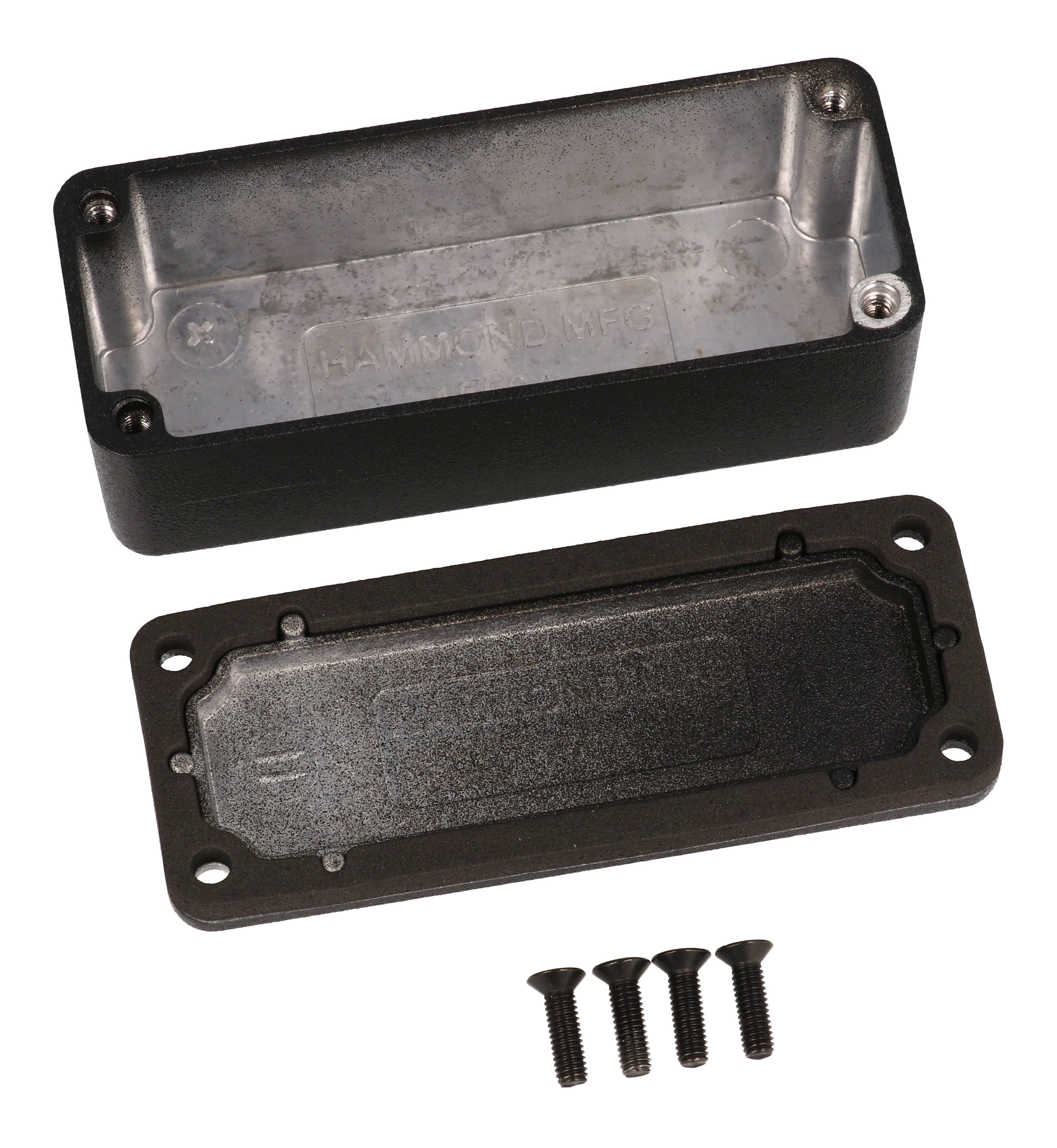 1550WABK black watertight diecast aluminum enclosure, 89 x 35 x 30 mm, with screw-down lid