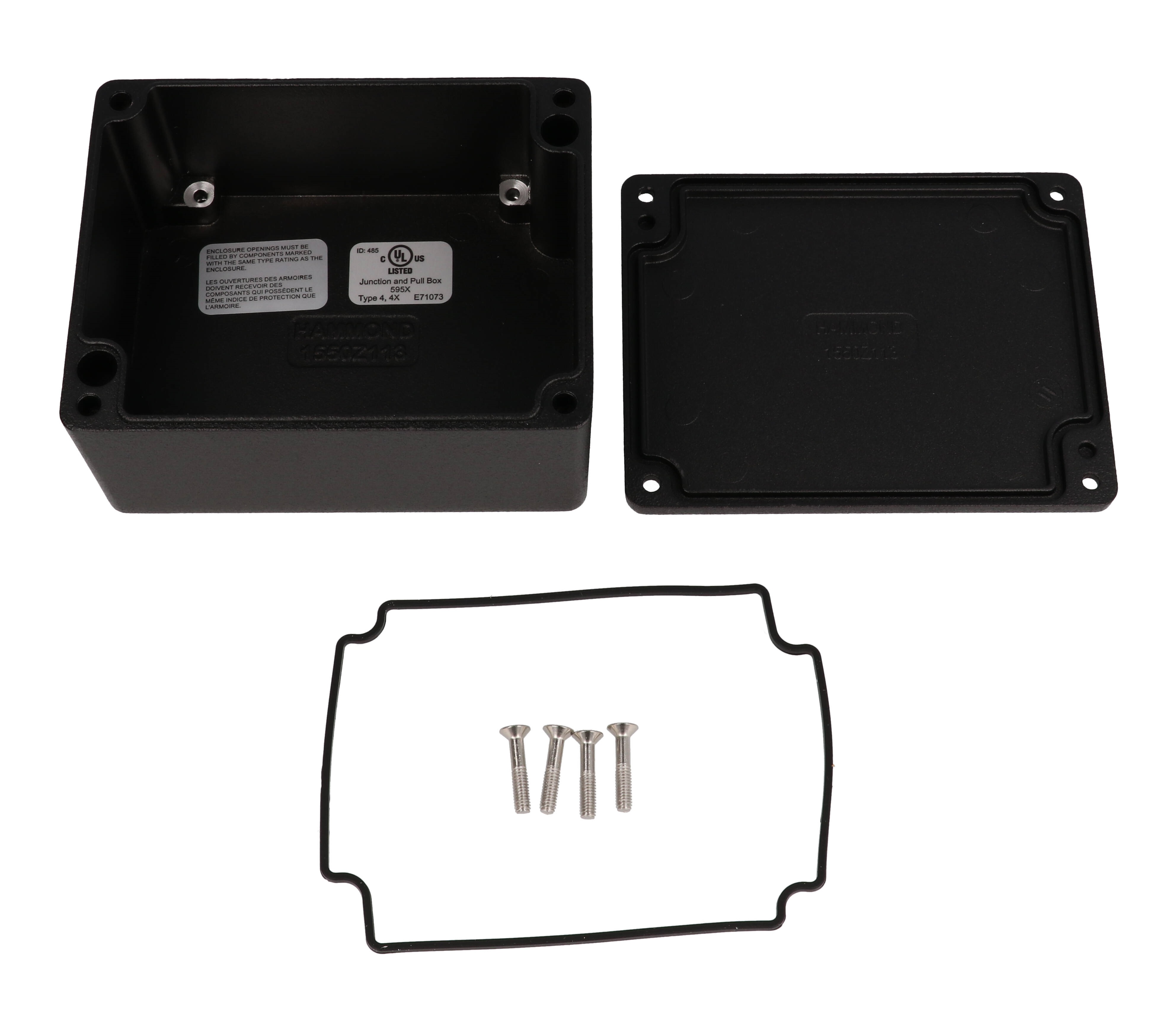 Hammond 1550Z113BK black textured watertight diecast aluminum enclosure, 115 x 90 x 55 mm, with lid and cover screws