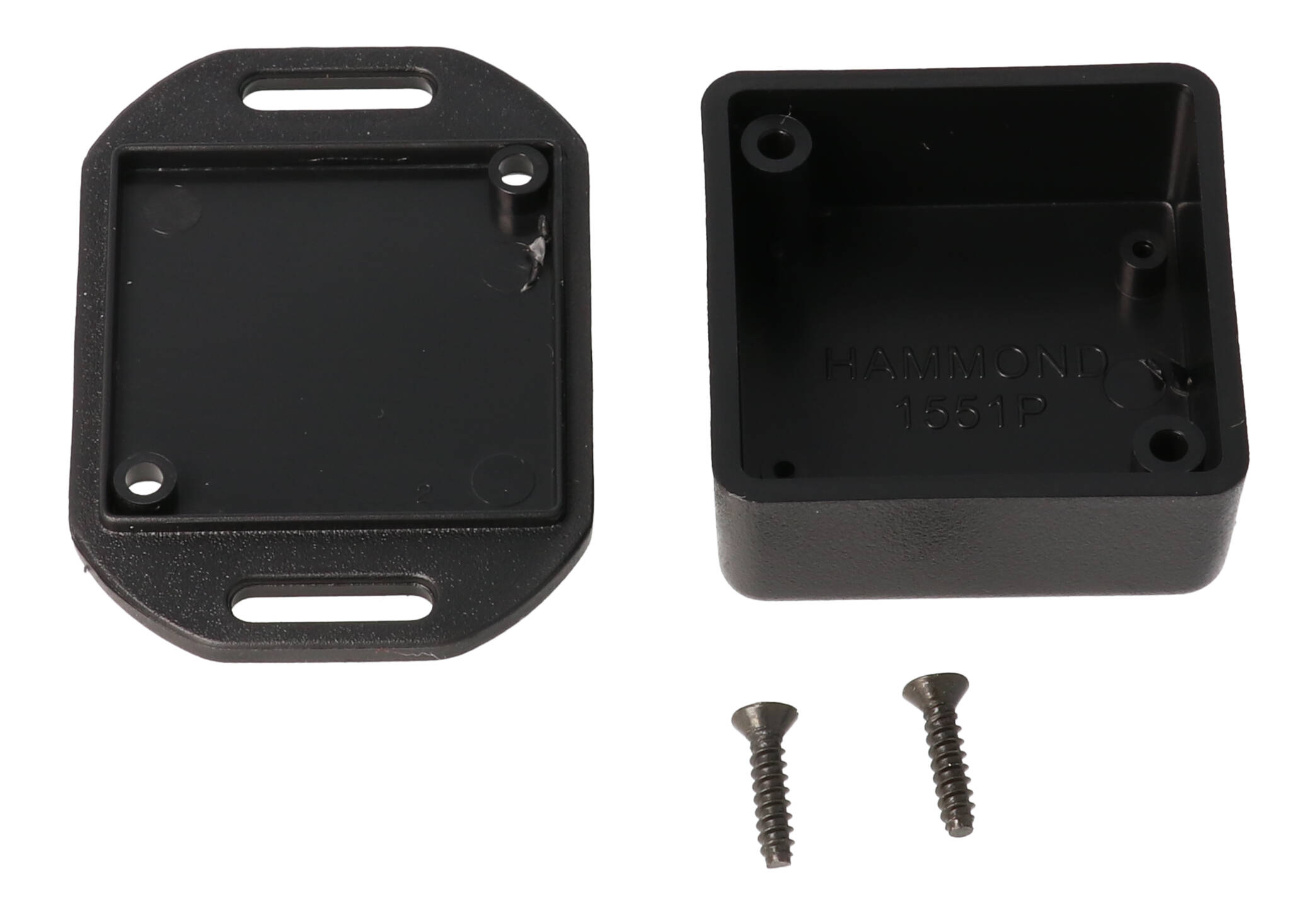 1551PFLBK black ABS square enclosure with flanged lid, 40 x 40 x 20 mm
