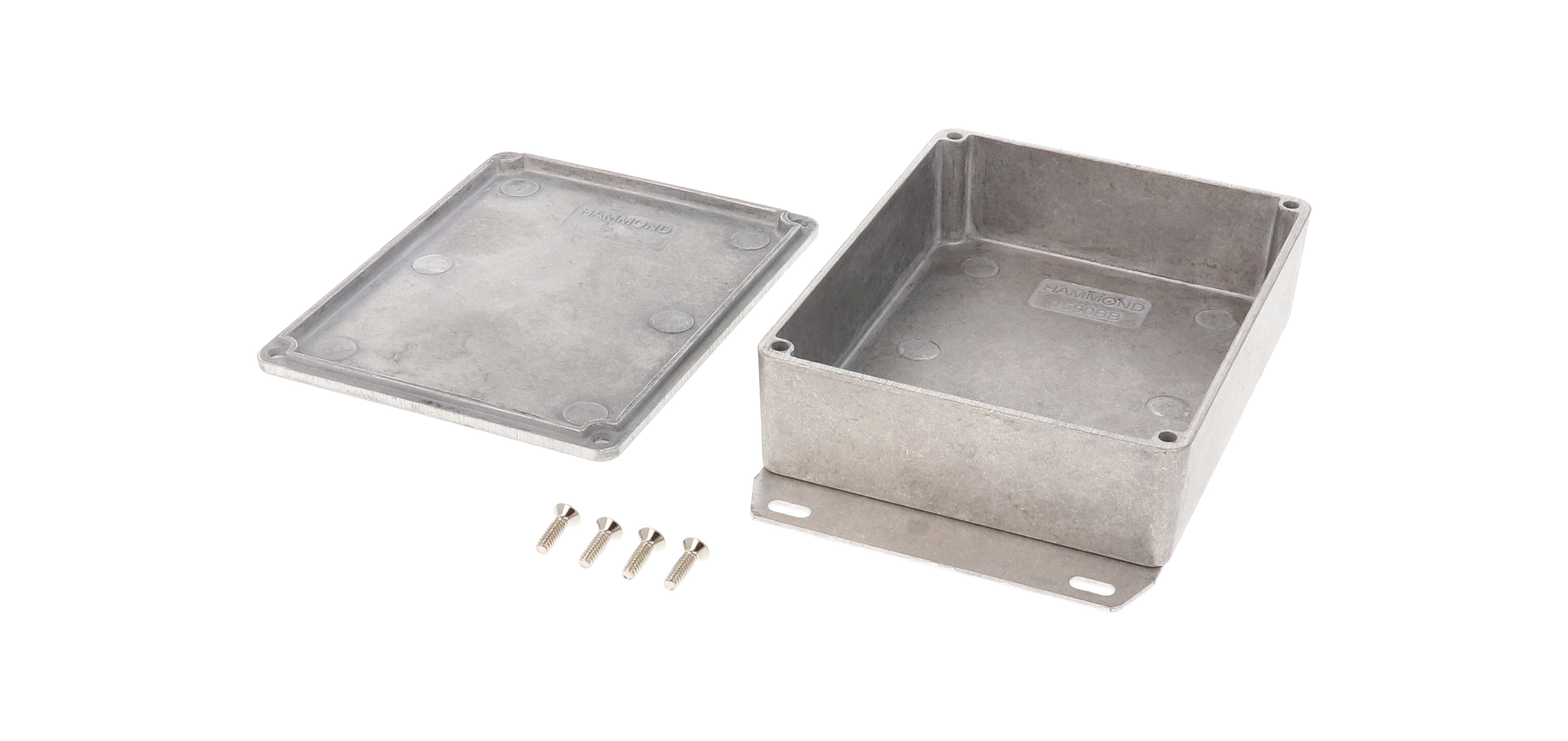 1590BBF natural finish diecast aluminum enclosure with welded bottom mounting flange