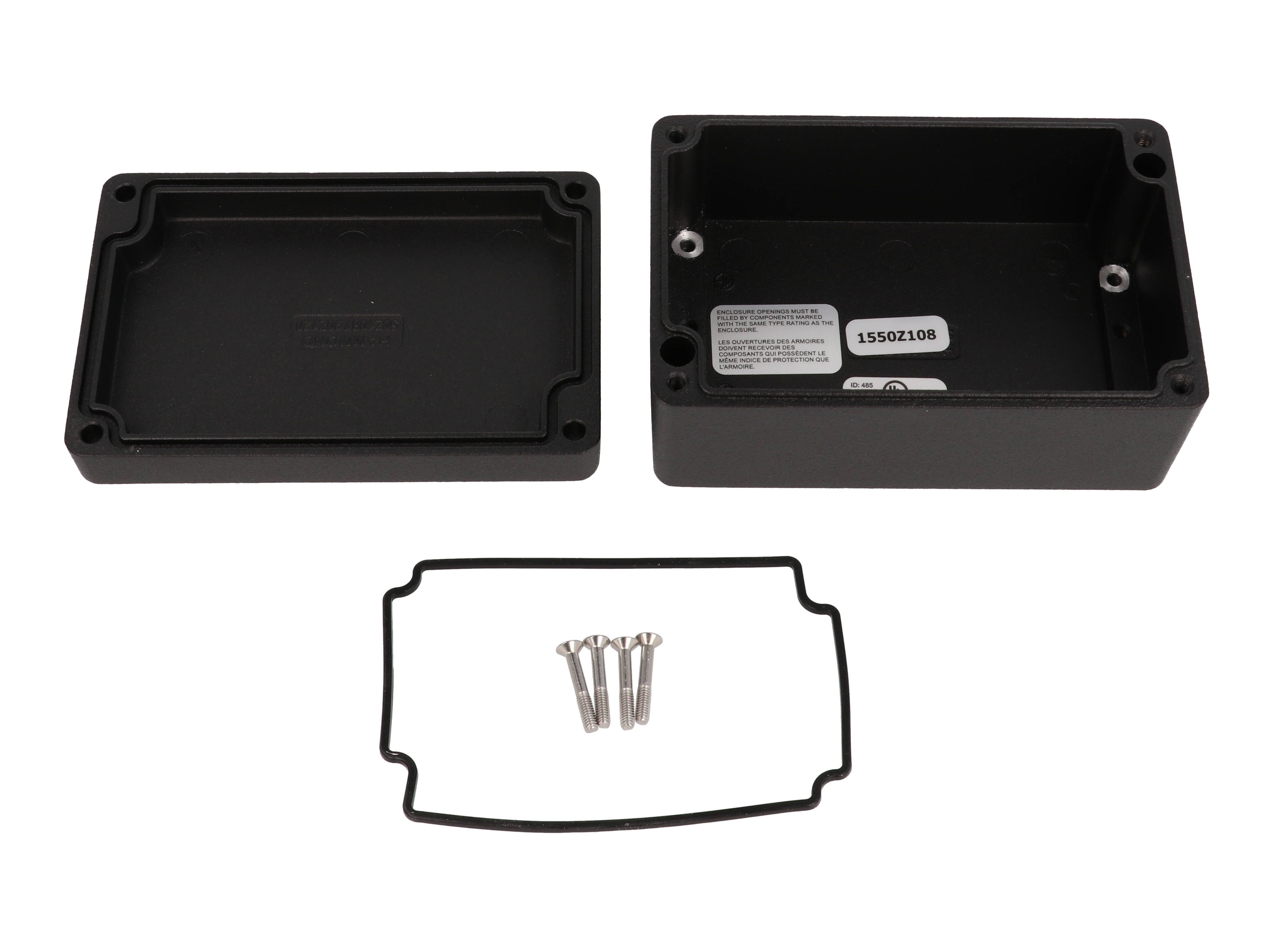 Hammond 1550Z108BK black textured watertight diecast aluminum enclosure, 125 x 80 x 59 mm, with lid and cover screws