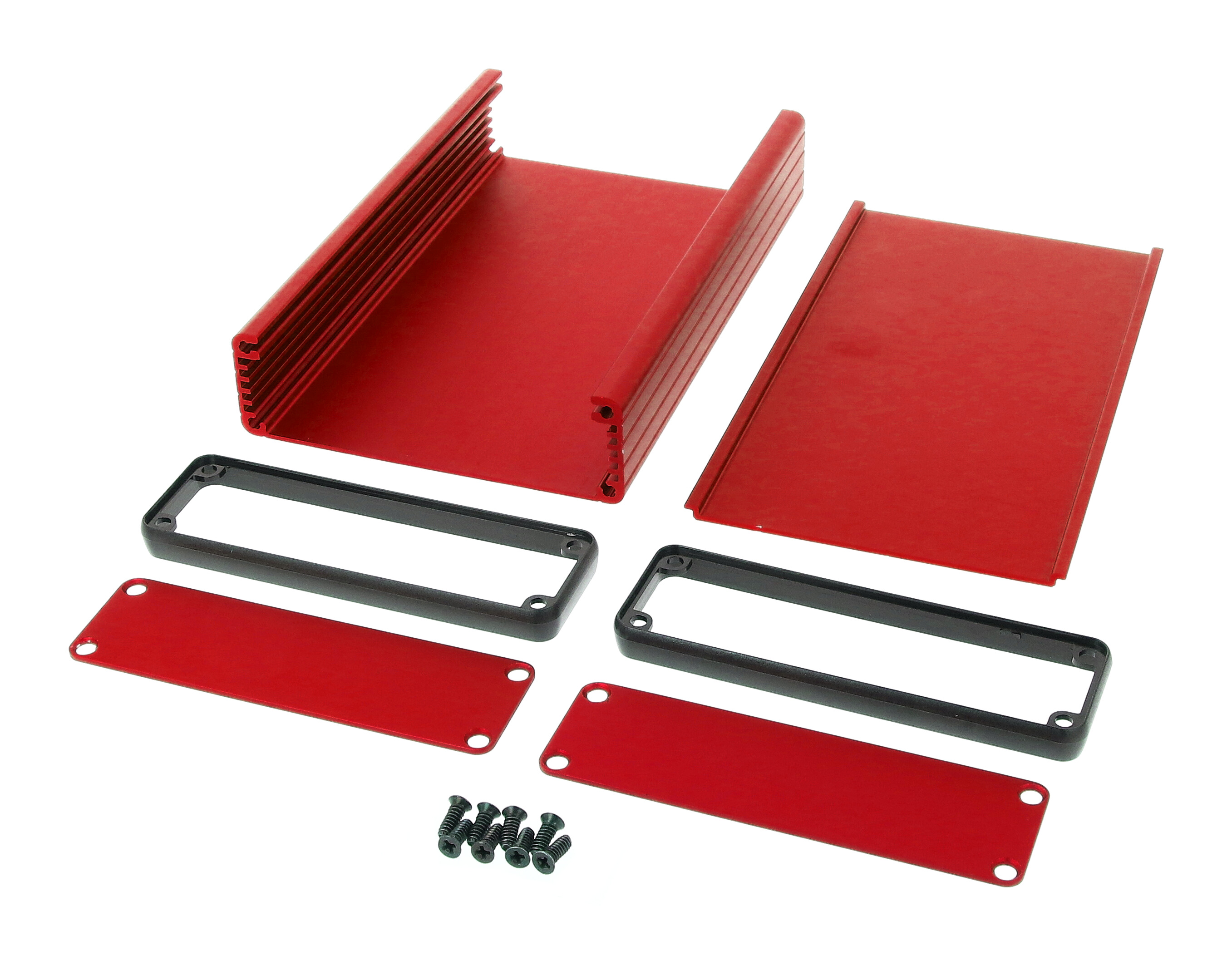 1455L1601RD red anodized extruded aluminum PC board enclosure, 160 x 103 x 30.5 mm, with aluminum end panels and black bezels