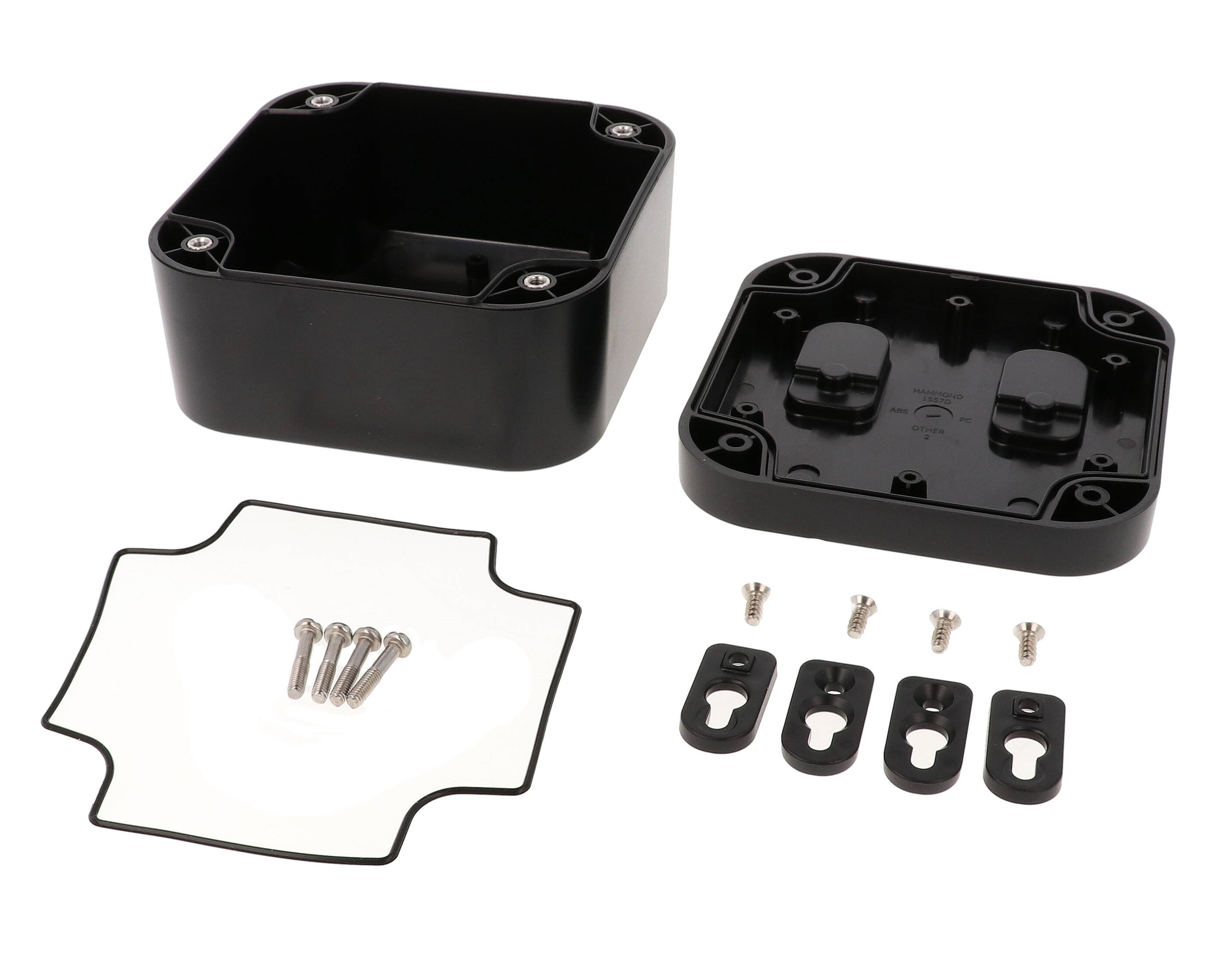 1557DABK black ABS deep watertight enclosure, 120 x 120 x 70 mm, with four-screw gasketed lid