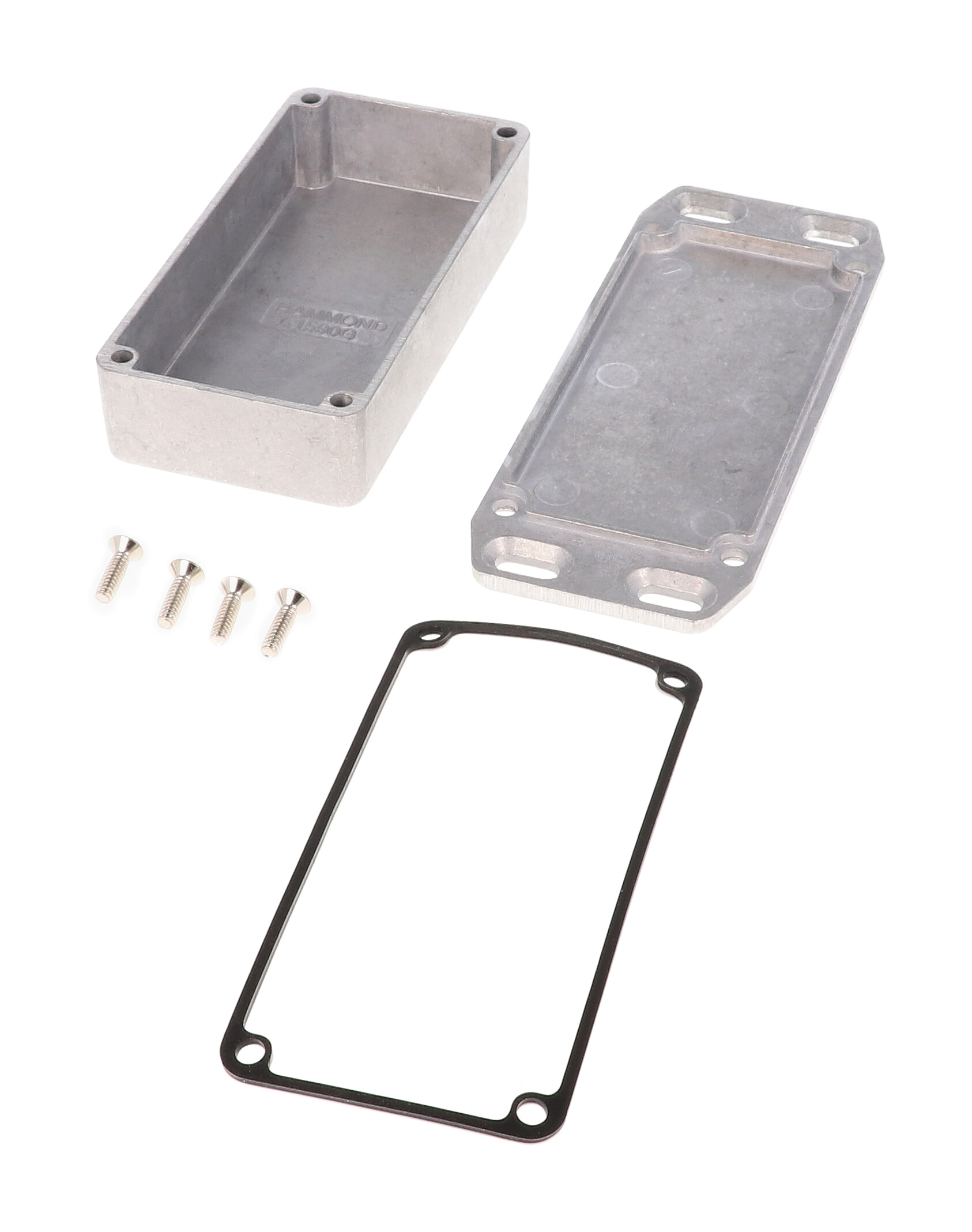 1590WGFL natural aluminum IP65 watertight diecast enclosure, 100 x 50 x 25 mm, with flanged lid