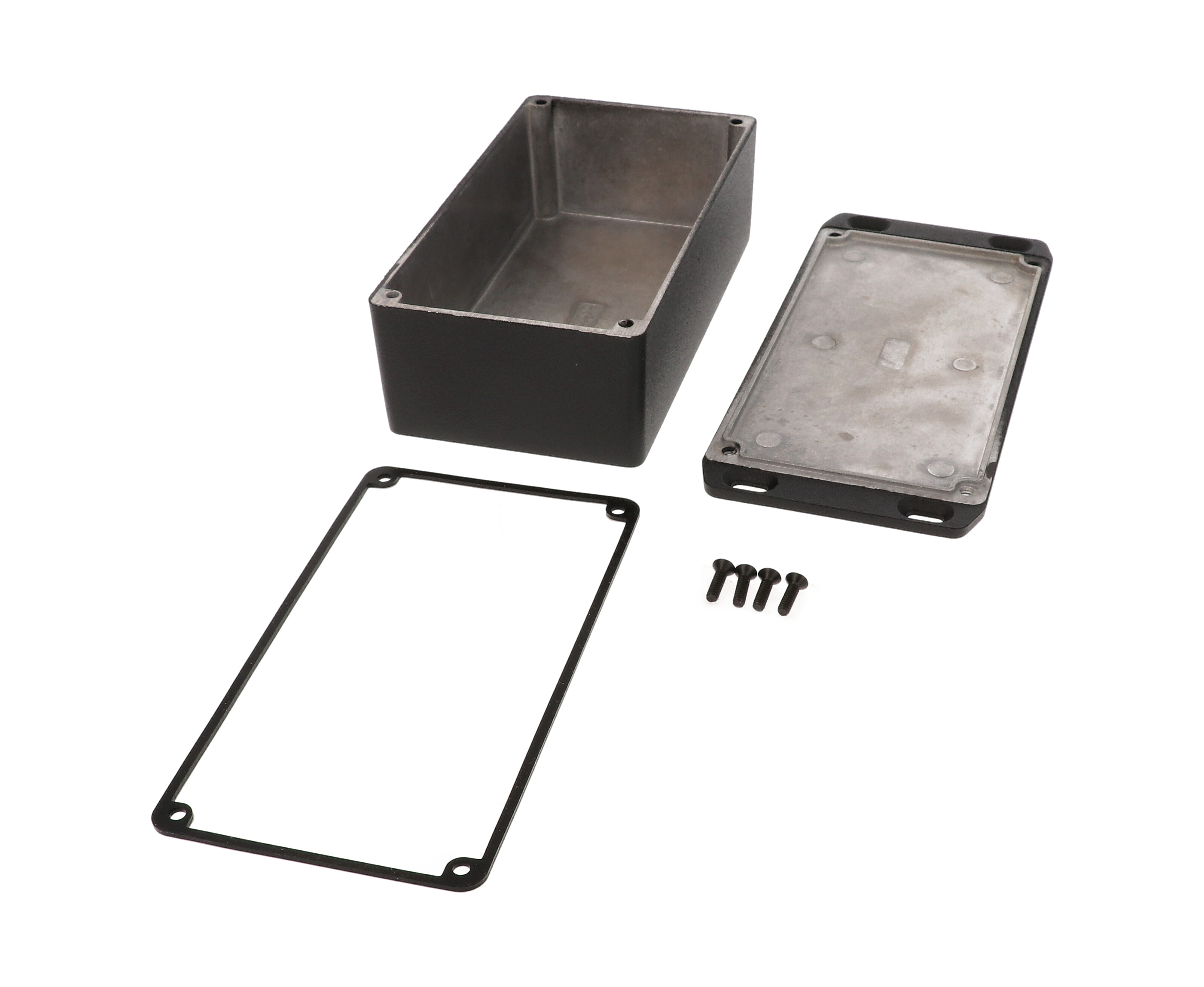 1590WP1FLBK textured black watertight diecast enclosure, 153 mm x 83 mm x 50 mm, with flanged mounting lid