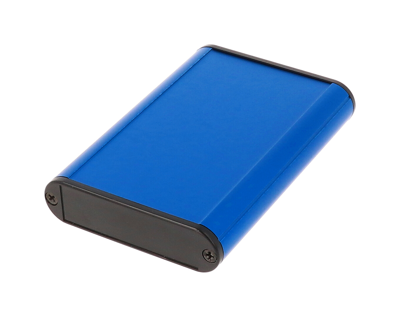 1455B1002BU blue anodized extruded aluminum PC board enclosure, 100 x 72 x 19 mm, with plastic end panels