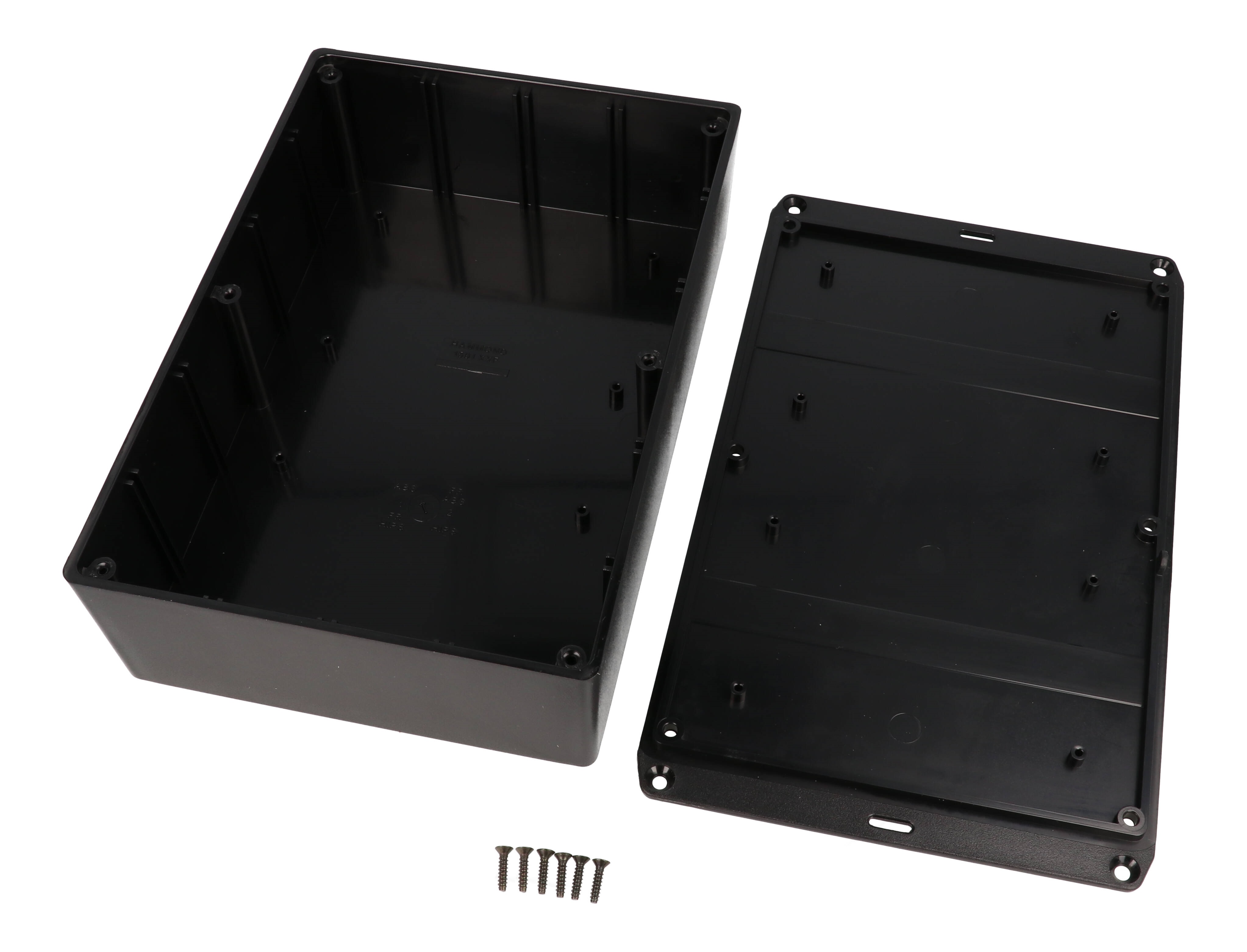 Hammond 1591XXFSFLBK black ABS plastic enclosure with flanged lid, 1591XXF size, box and lid shown