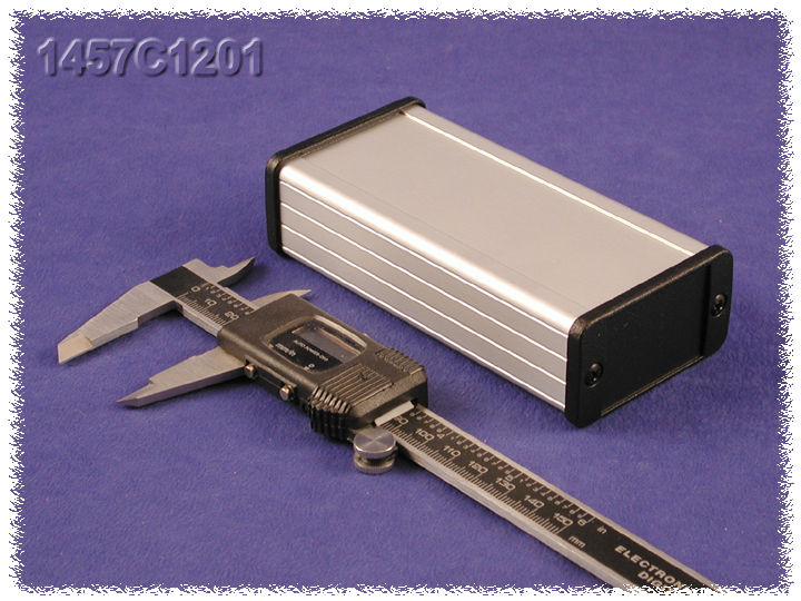 1457C1201 IP65 watertight extruded aluminum enclosure with clear anodized body and black diecast end panels