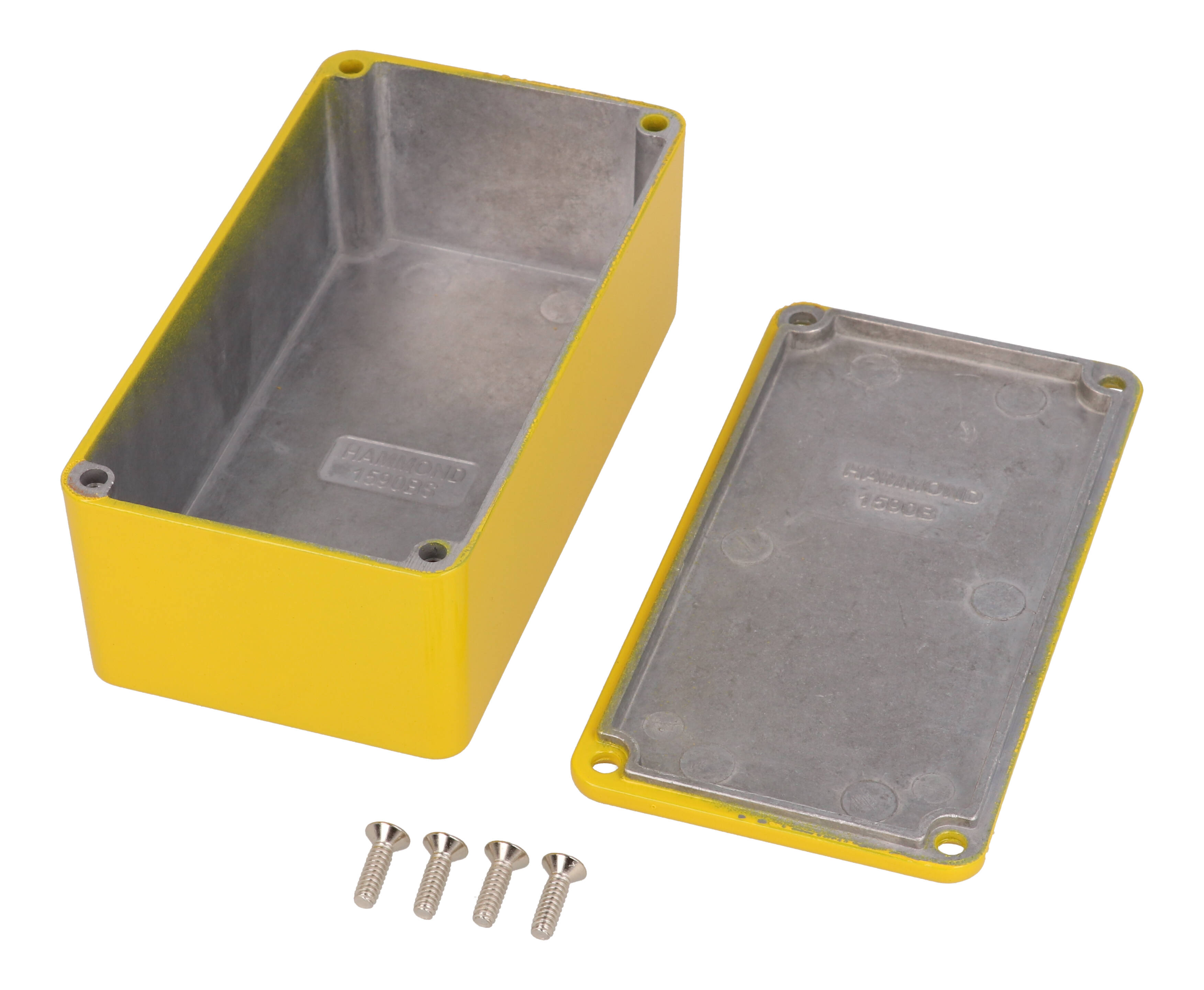 1590BSYL yellow powder coated diecast aluminum stomp box enclosure, 112 x 61 x 38 mm, with lid