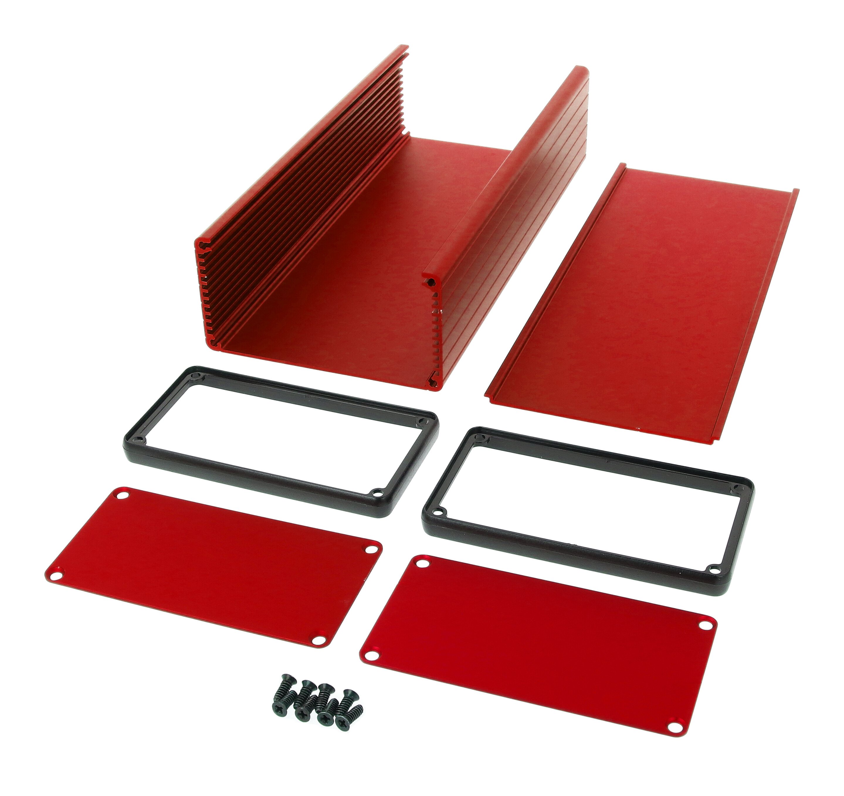 1455N2201RD red anodized extruded aluminum enclosure, 220 x 103 x 53 mm, with metal end panels