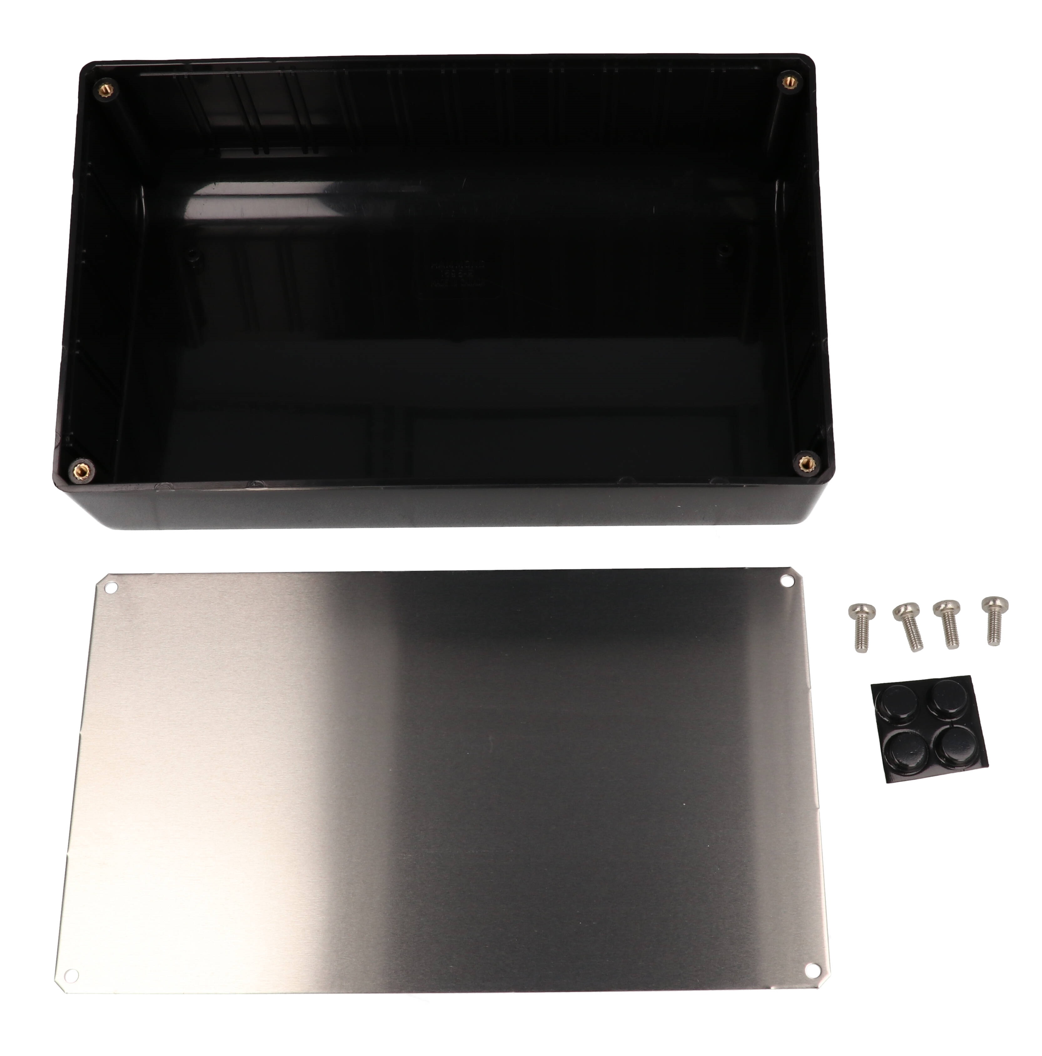 1595EBK black sloped plastic console enclosure with recessed aluminum front panel, 215 x 130 mm