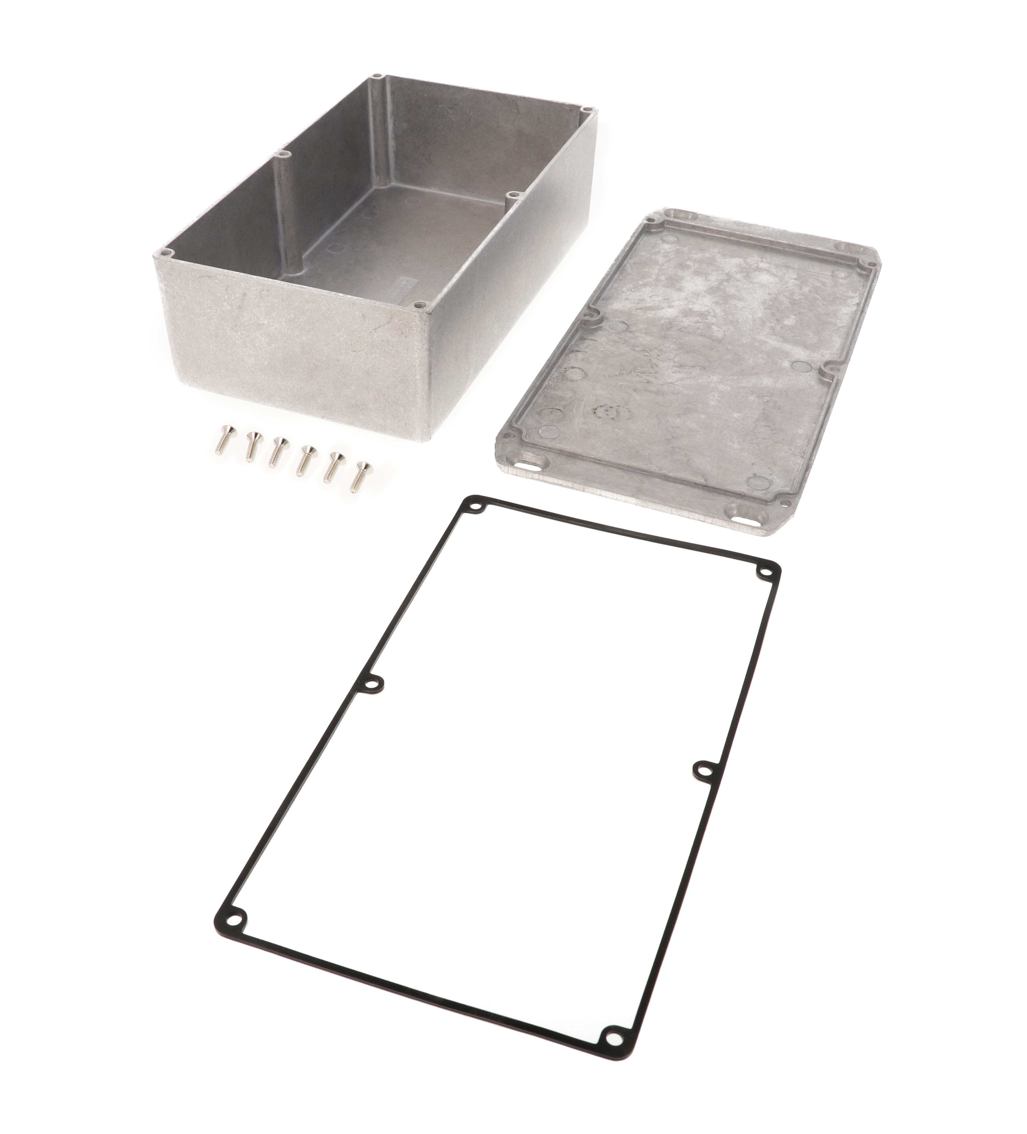 1590WR1FL natural aluminum IP65 water-tight diecast aluminum enclosure with a wall-mounting flanged lid, 192x112x61mm