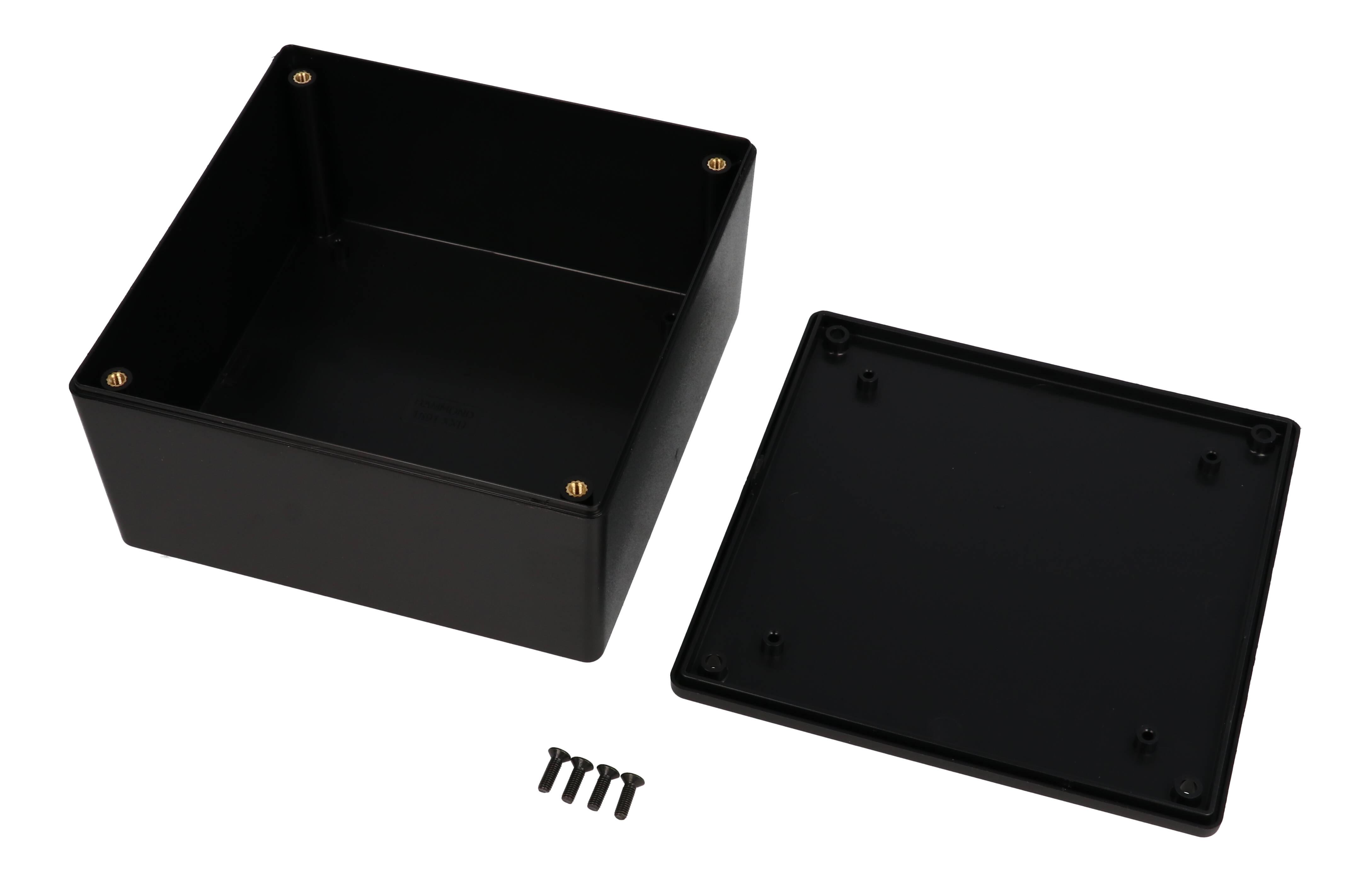 1591XXUBK black ABS plastic enclosure with PC board standoffs, 124 x 124 x 60 mm
