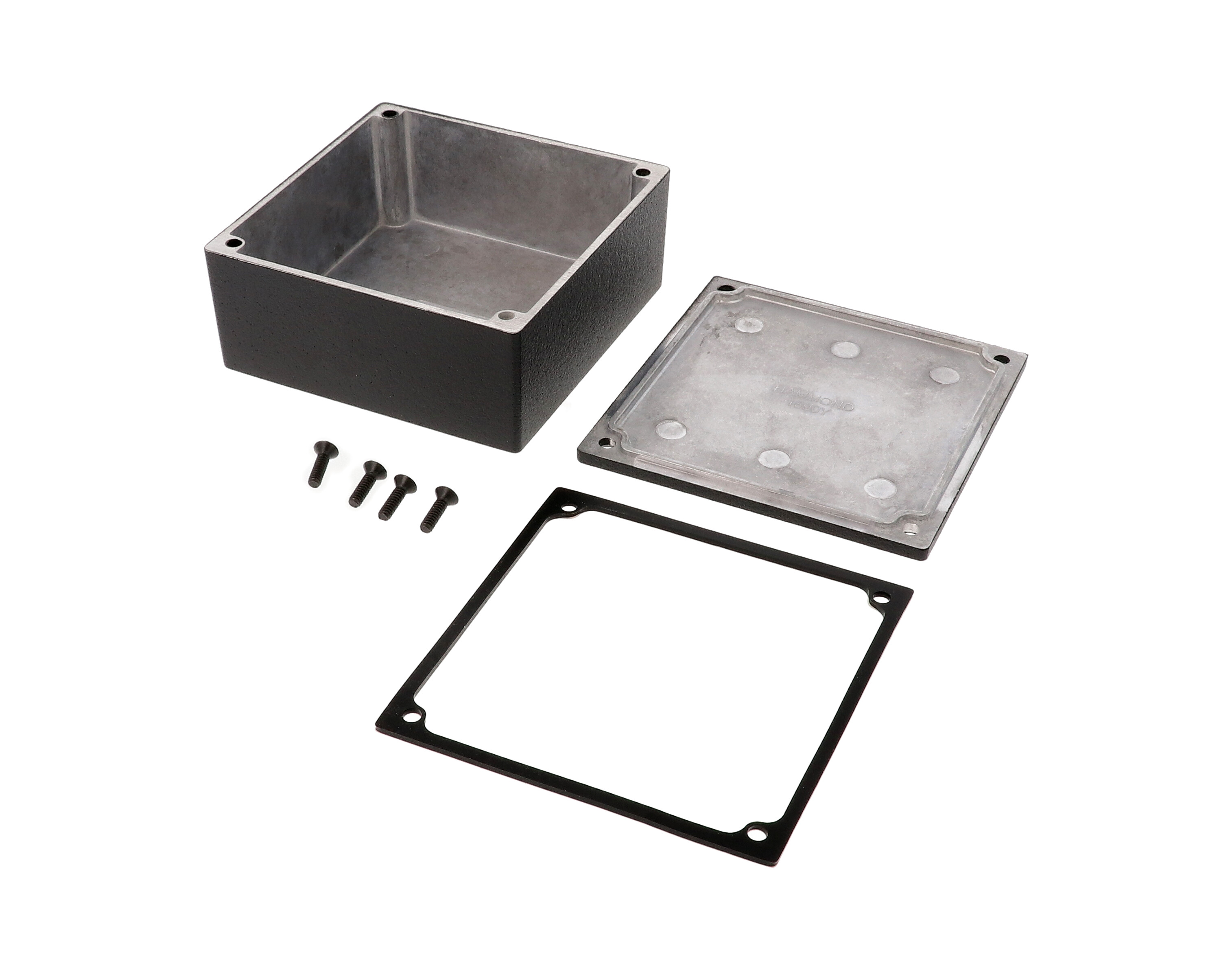 1590WYBK black textured watertight diecast aluminum enclosure without mounting flanges, 92 mm x 92 mm x 42 mm