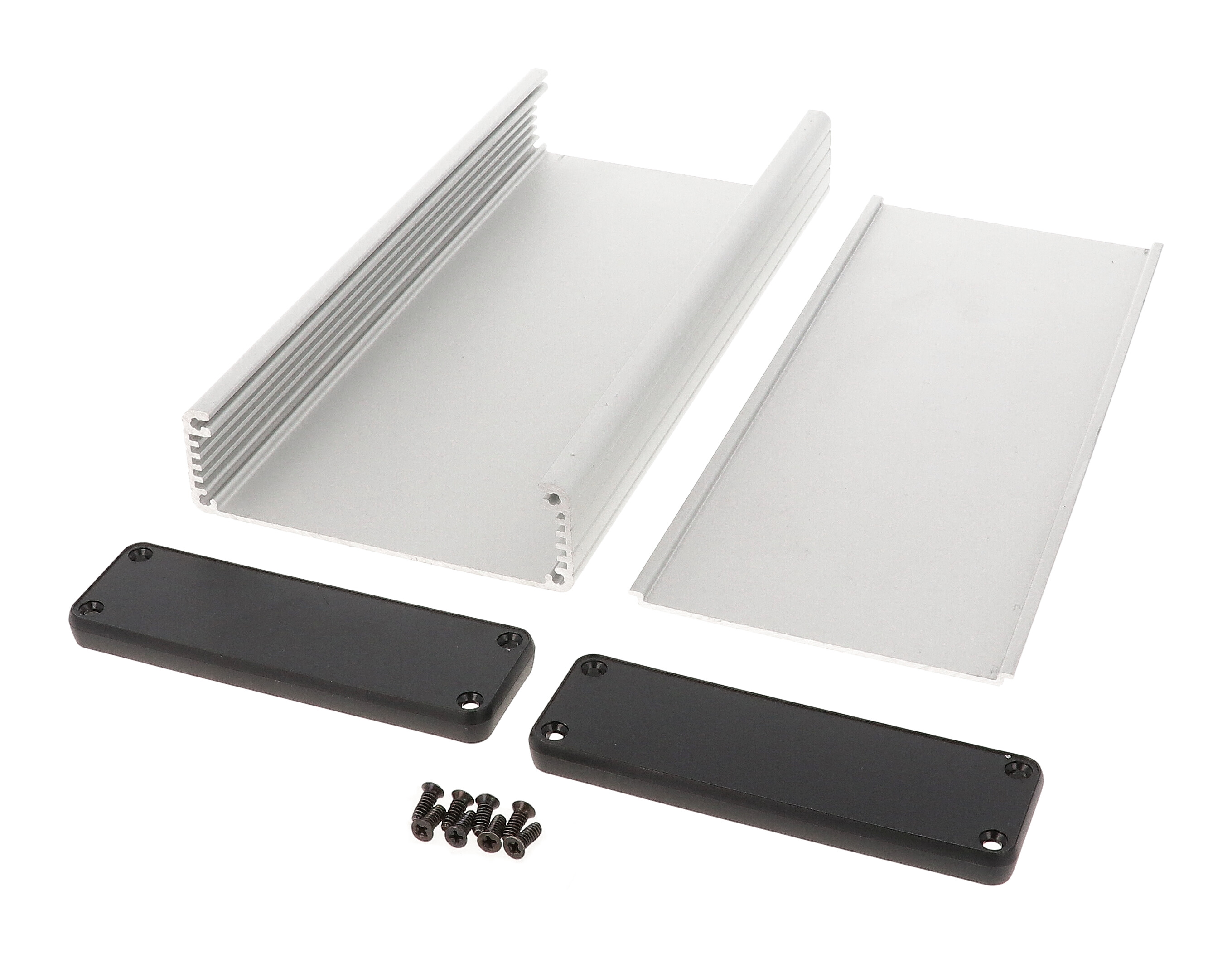 1455L2202 clear anodized extruded aluminum PC board enclosure, 220 x 103 x 30.5 mm, with black plastic end panels