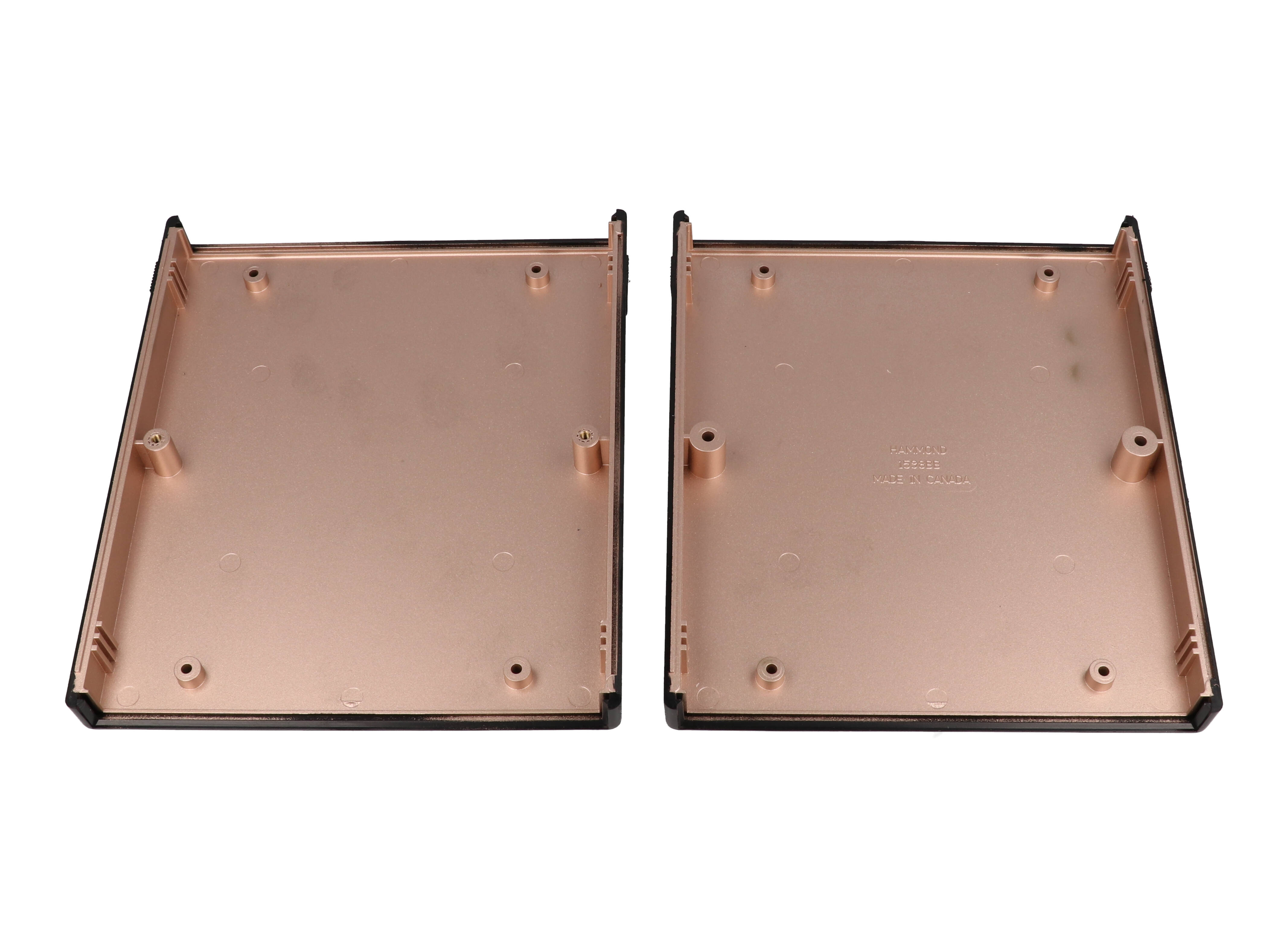 1598RBBBK black ABS EMI/RFI shielded instrument enclosure, 179 x 154.5 x 35 mm, with brushed aluminum end panels