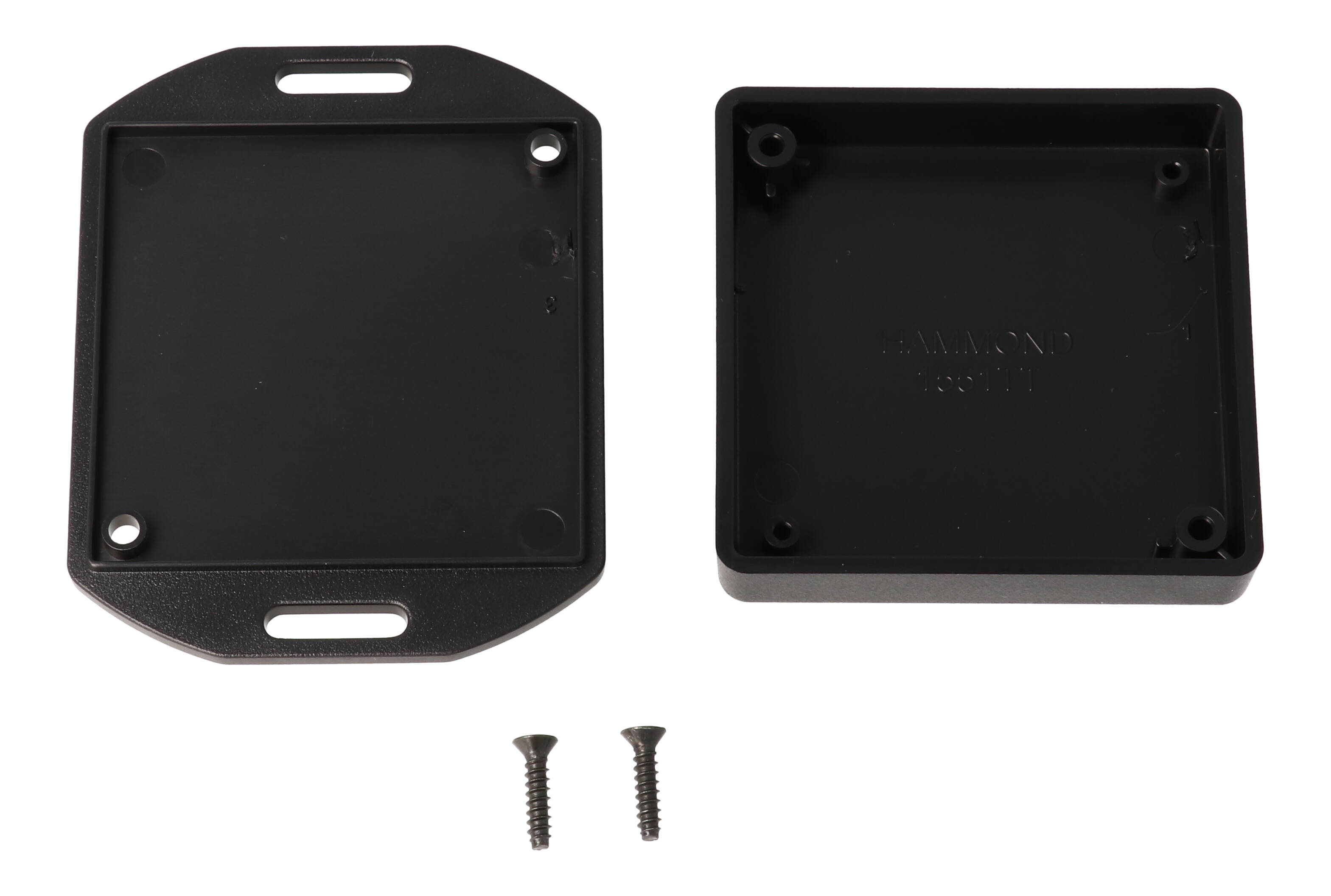 1551TTFLBK black ABS low-profile enclosure with flanged mounting lid, 60 x 60 x 15 mm