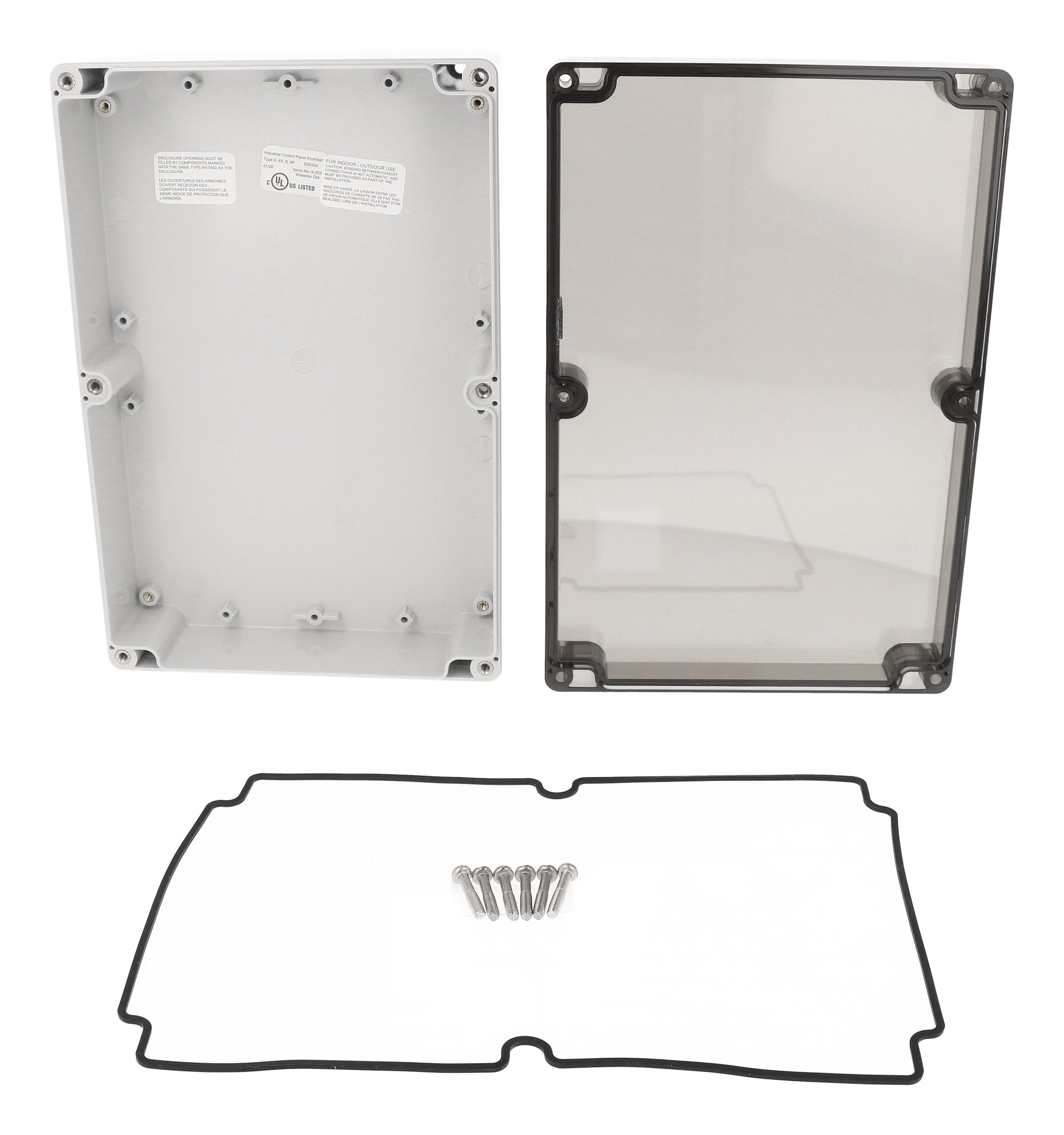 1554VAL2GYSL light gray polycarbonate enclosure with smoked screw cover lid, 240 x 160 x 60 mm