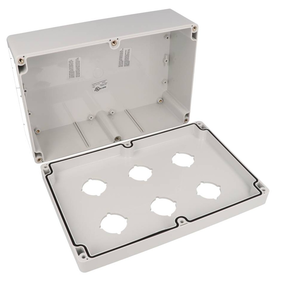 1554MPB6A six-hole gray polycarbonate 22.5 mm pushbutton enclosure with six-screw lid