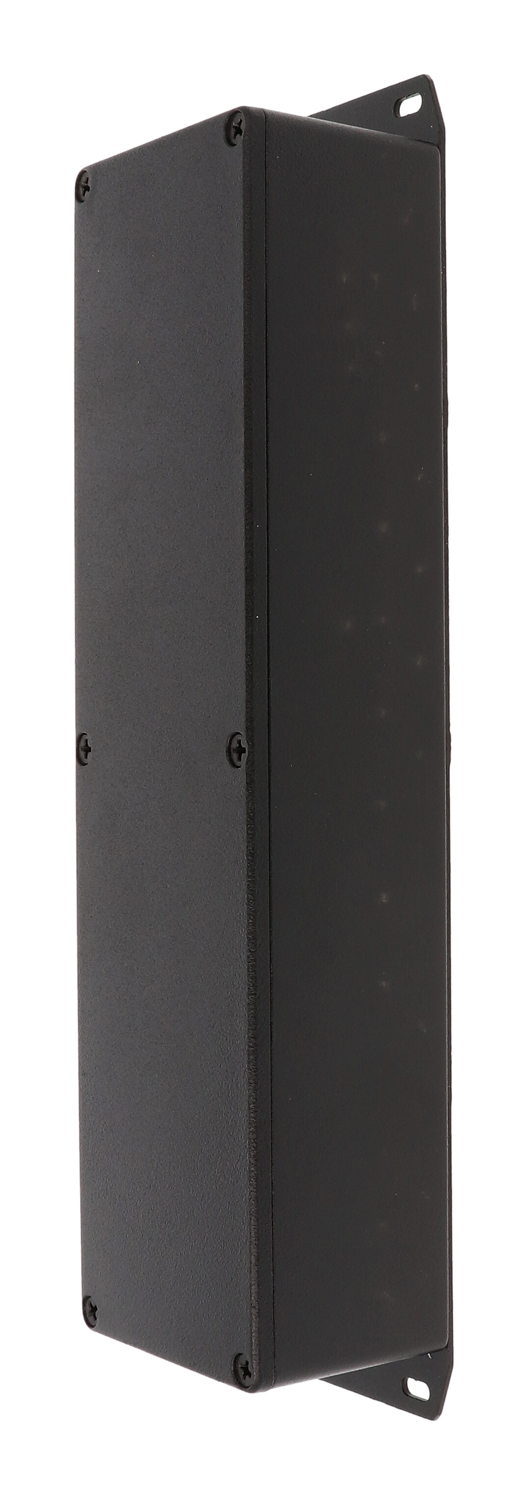1590BXFBK textured black diecast aluminum enclosure with flanged bottom plate, 254 x 70 x 50 mm