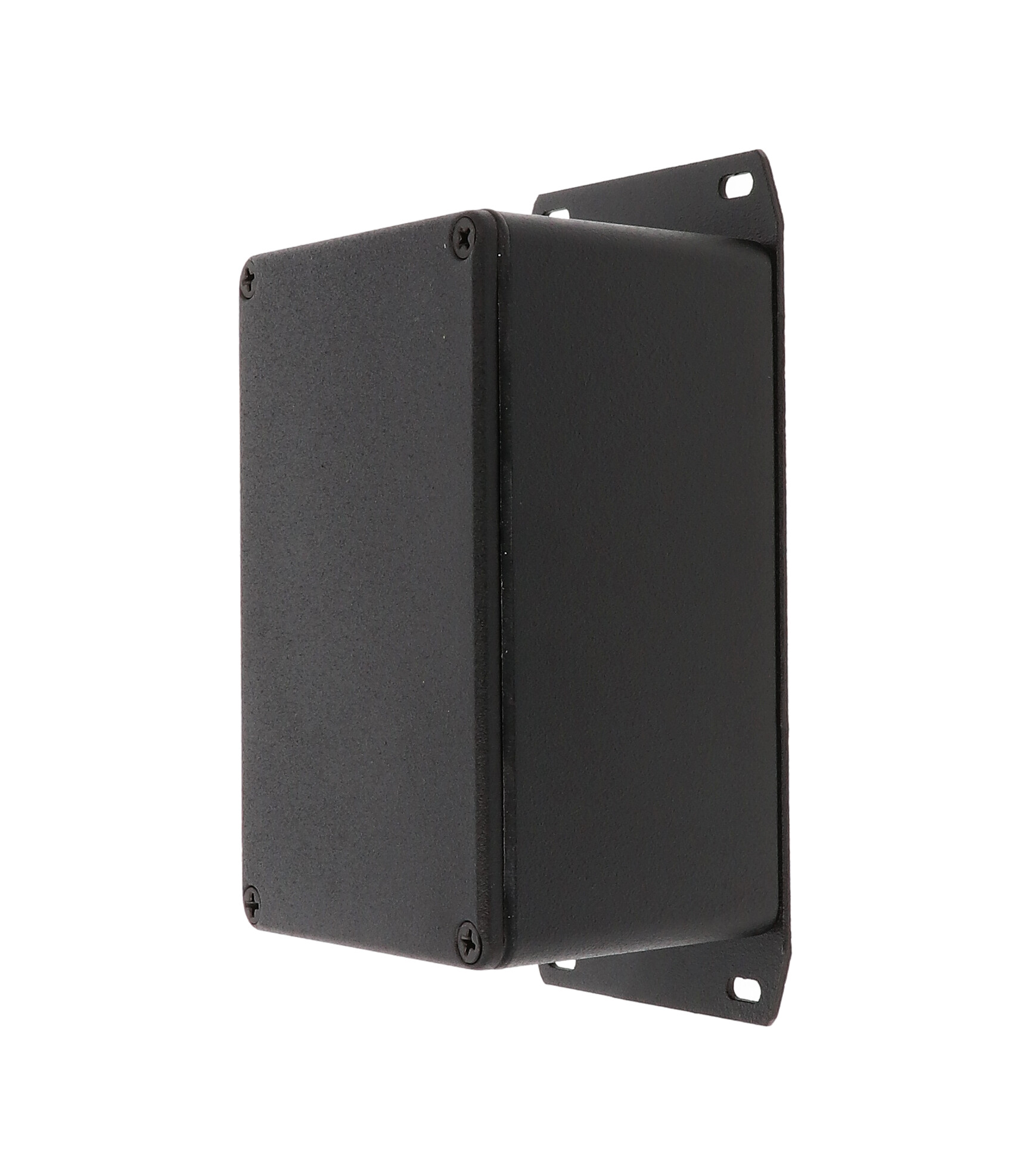 1590WTFBK black textured IP65 water-tight diecast aluminum enclosure with a welded flanged bottom plate, 120x80x59mm