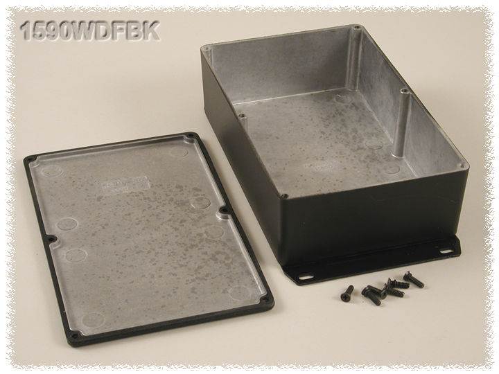 1590WDFBK textured black watertight diecast aluminum enclosure, 188 mm x 119 mm x 56 mm, with flanged bottom plate
