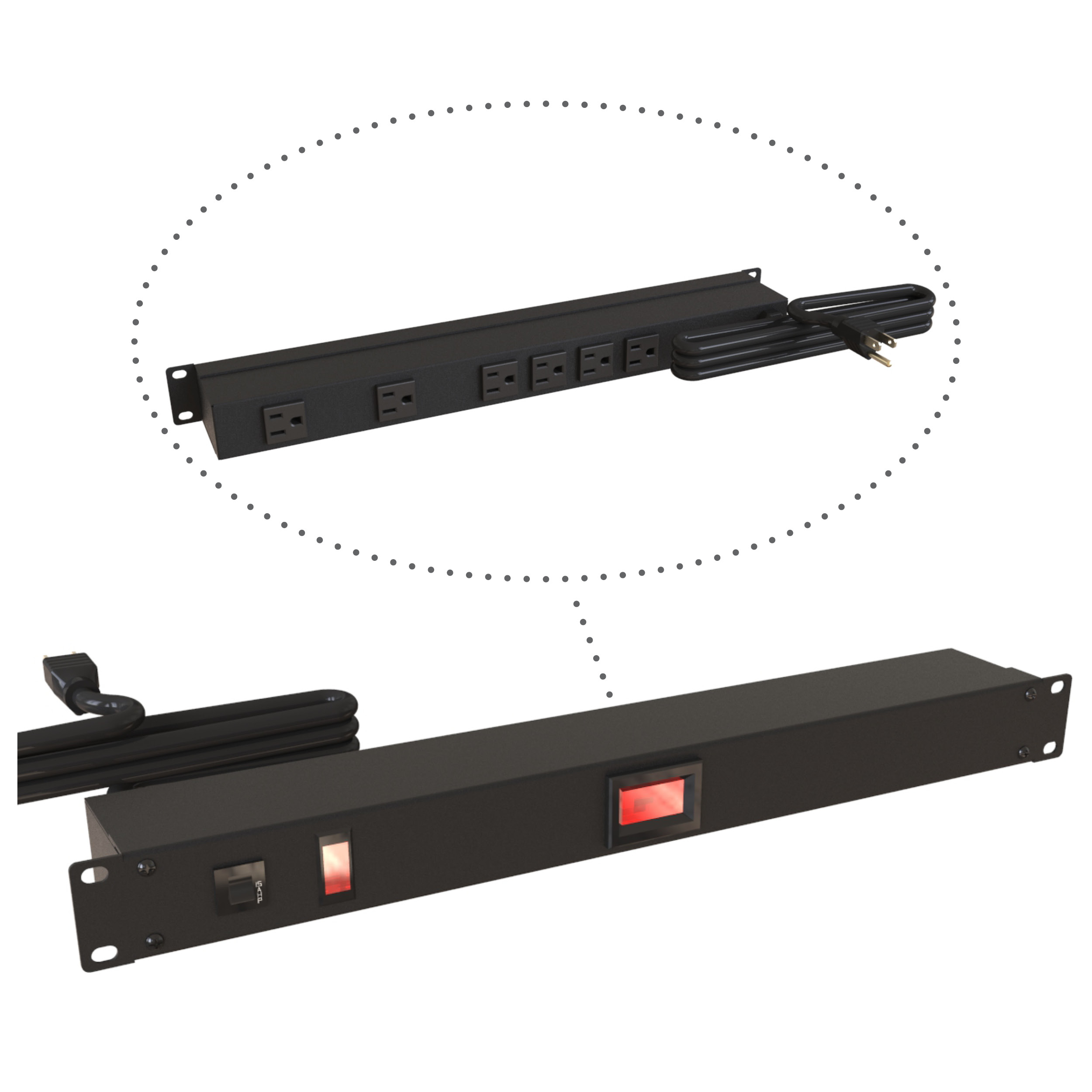 Hammond 1583T6A1BKAM 1U 19-inch black rack mount PDU with six rear NEMA 5-15R outlets, LED ammeter and power indicator light