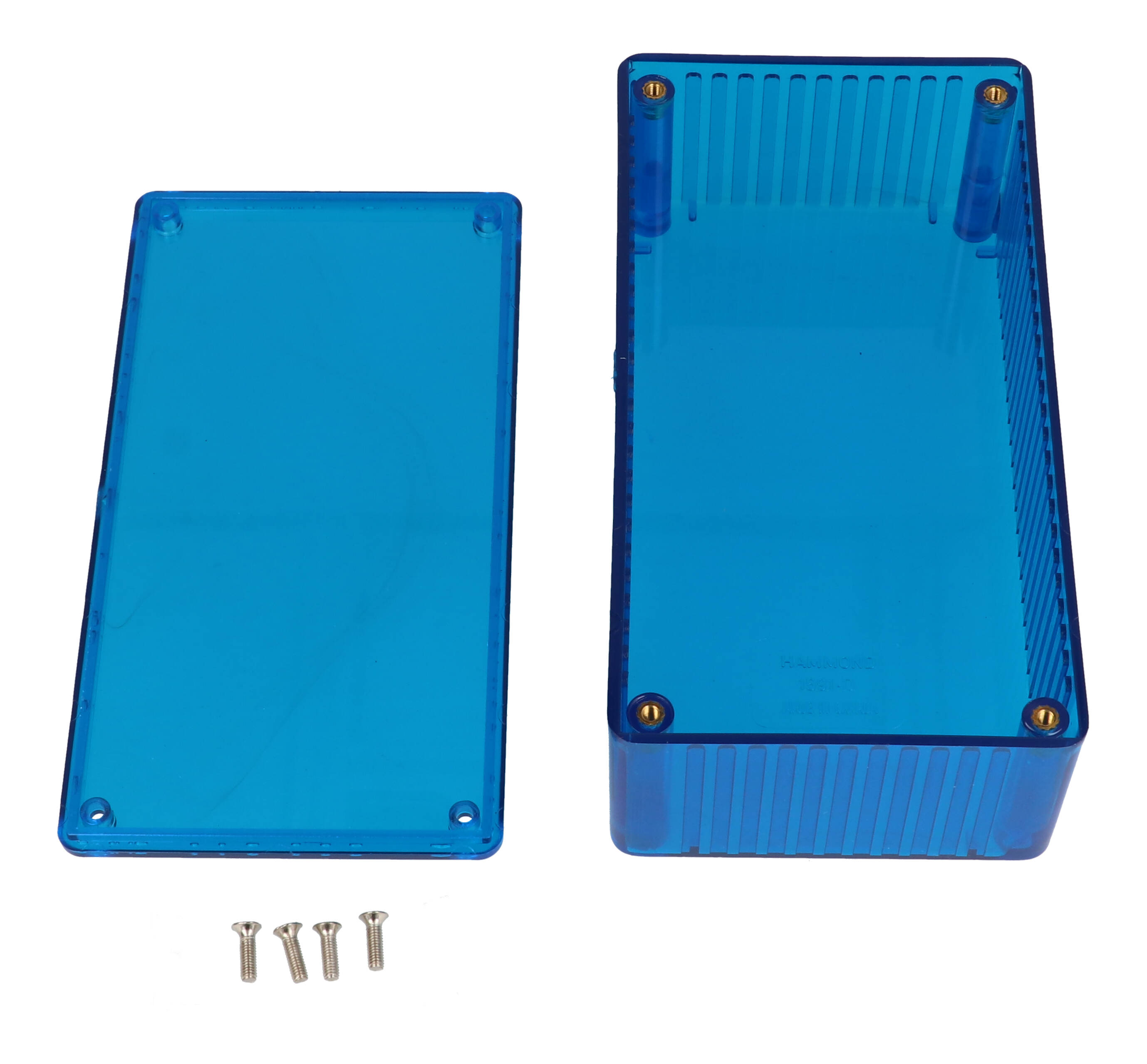 1591DTBU ice blue translucent polycarbonate enclosure, 150 x 80 x 50 mm, with lid and cover screws