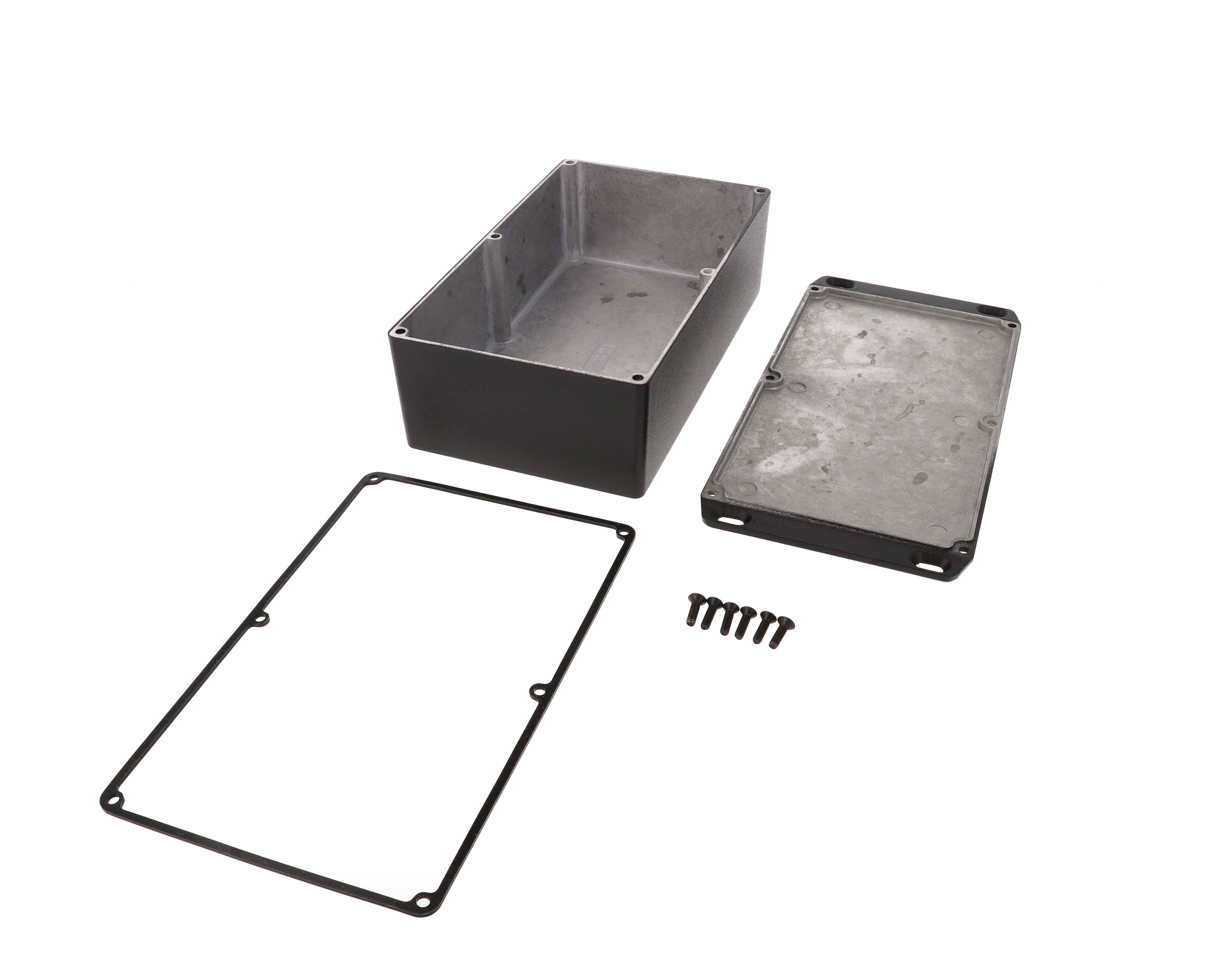 1590WR1FLBK black textured IP65 water-tight diecast aluminum enclosure with a wall-mounting flanged lid, 192x112x61mm